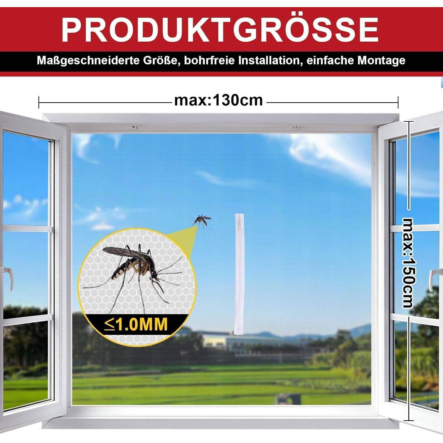 Fliegengitter-Produktgößendiagramm für ein Fenster, das max. 130 cm breit und max. 150 cm hoch ist, mit 
