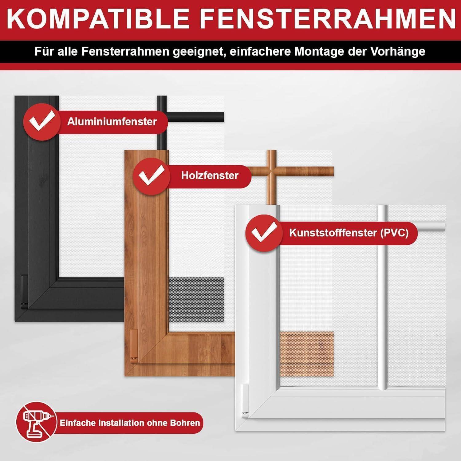Grafik zeigt kompatible Fensterrahmen für die Gardinenmontage: Aluminium, Holz und PVC, jeweils mit einem Häkchen gekennzeichnet; vermerkt einfache Installation ohne Bohren.