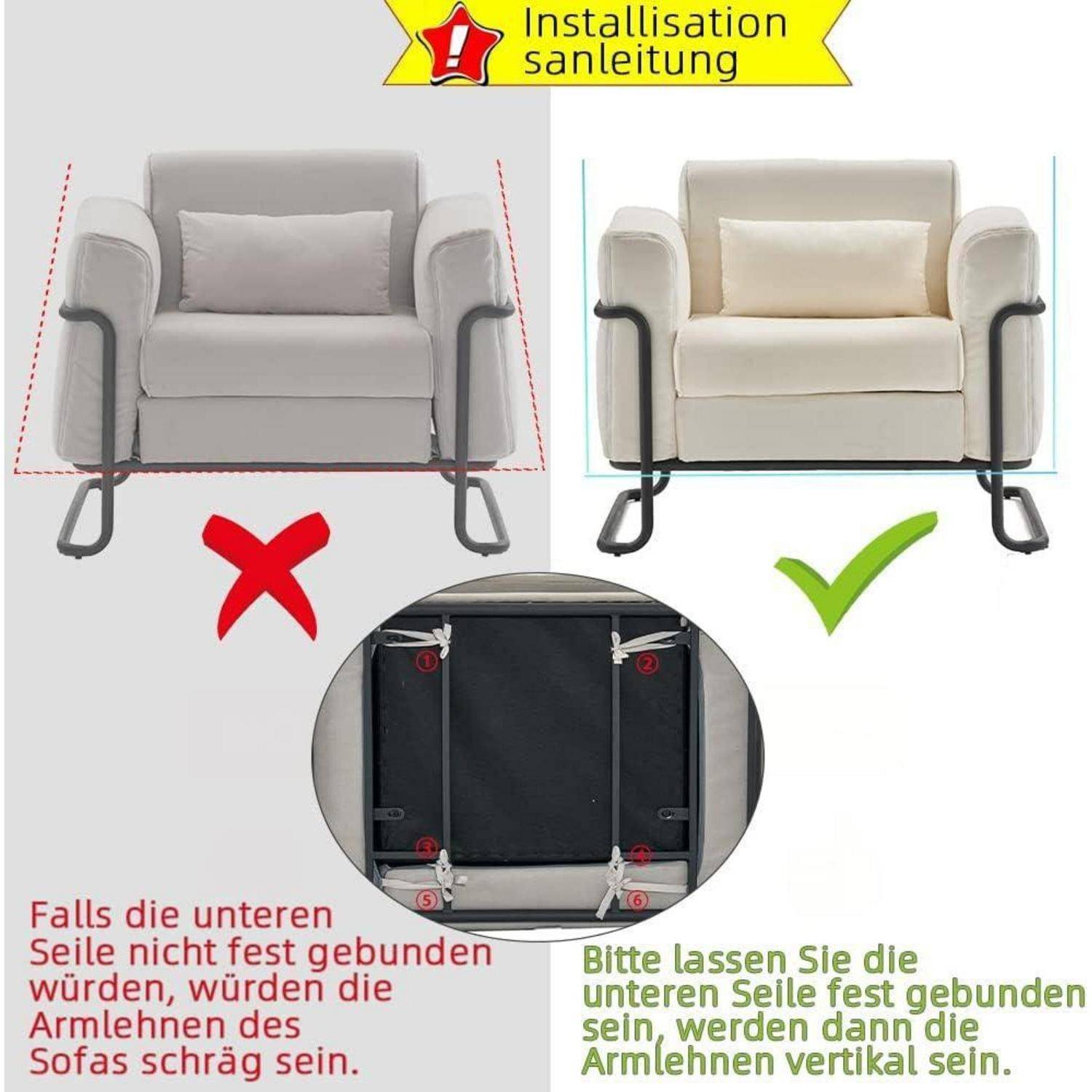 Anleitung zur Grafik für einen Sesselschoner: linkes Beispiel mit "falsch"" gekennzeichnet mit lockeren Unterseiten; rechtes Beispiel mit ""richtig"" gekennzeichnet mit straffen Unterseiten.