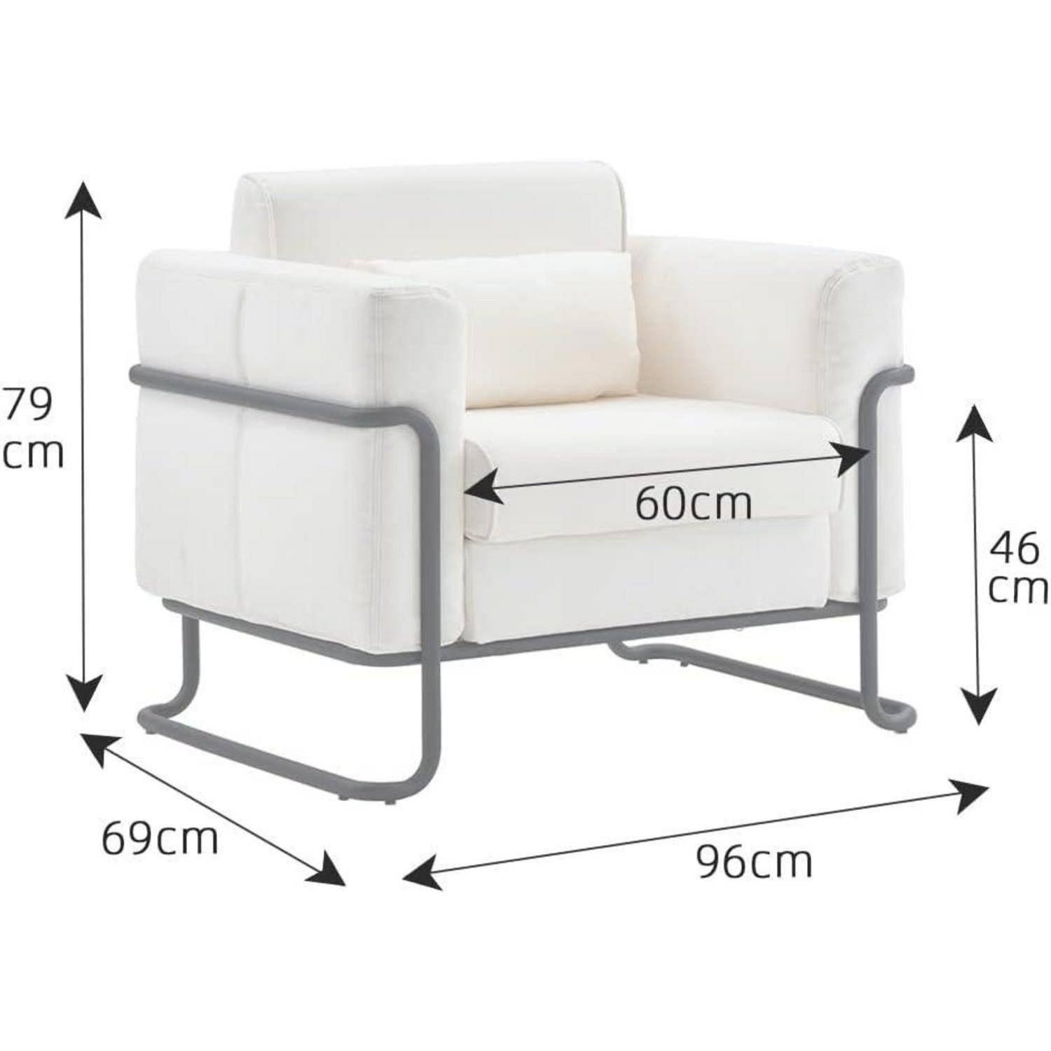 Produktdimensionsdiagramm eines weiß gepolsterten Sessels: 96 cm breit, 69 cm tief, 79 cm hoch, mit 46 cm Sitzhöhe und 60 cm Sitzbreite.