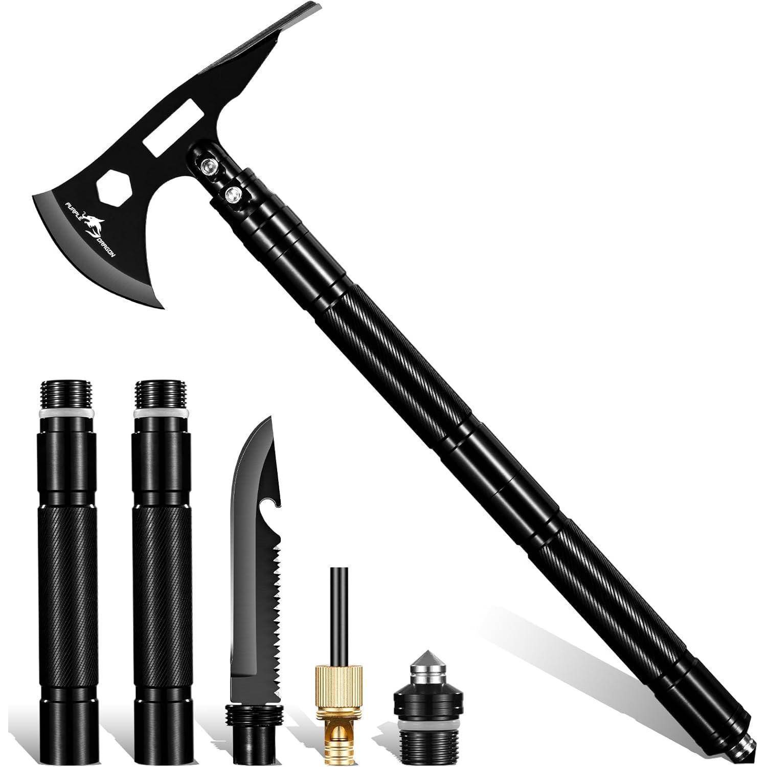 Schwarze taktische 4-in-1-Überlebensaxt und Werkzeugsatz mit abnehmbaren Griffabschnitten, Sägeblatt und austauschbaren Hammer- oder Spitzenden.