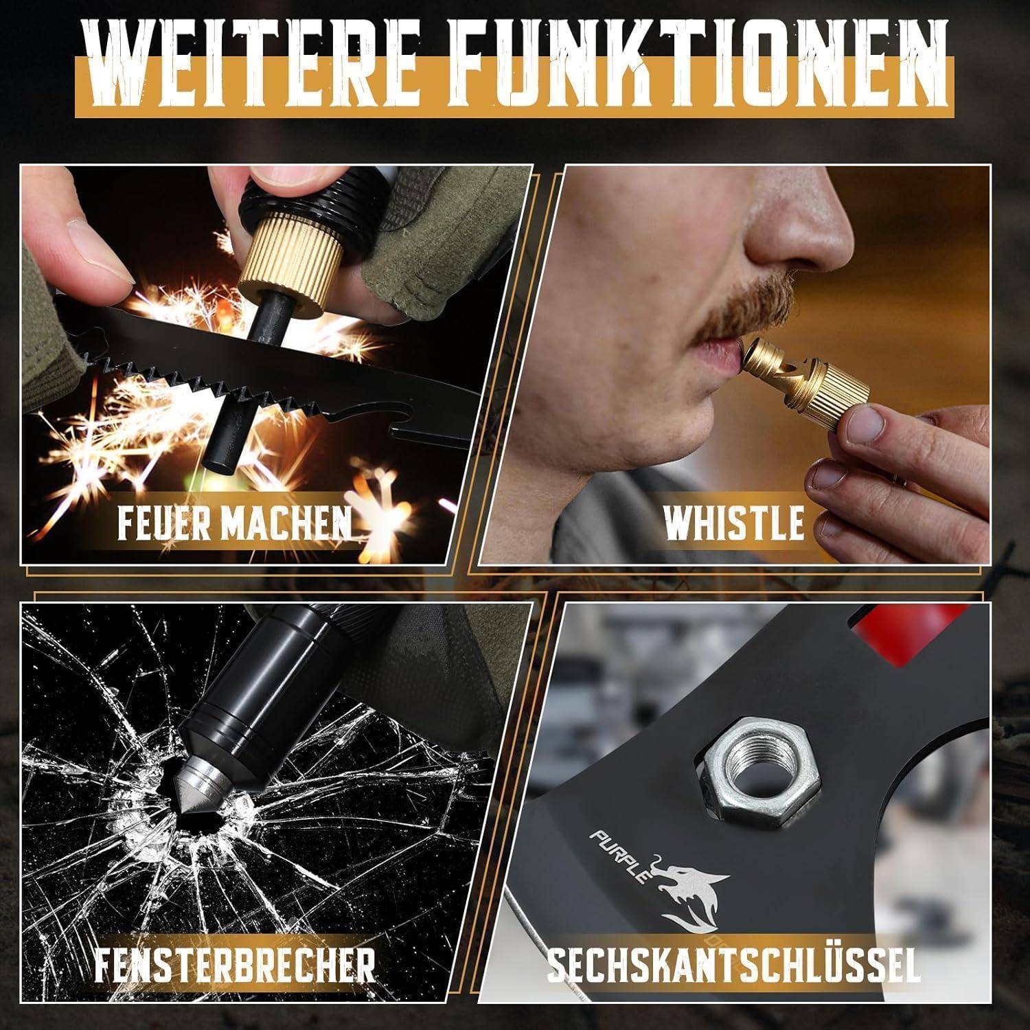 Plakat zeigt die zusätzlichen Funktionen eines Multiwerkzeugs: Feueranzünder, Pfeife, Glasbrecher und Innensechskantschlüssel, mit Beschriftungen auf Deutsch und Englisch.