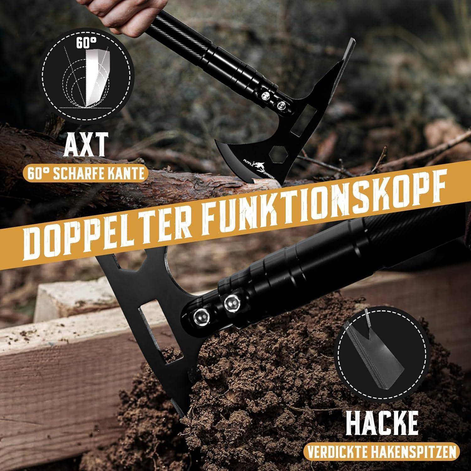 Werbebild eines Garten-Axt-Hack-Werkzeugs mit doppeltem Funktionskopf, das „Axt