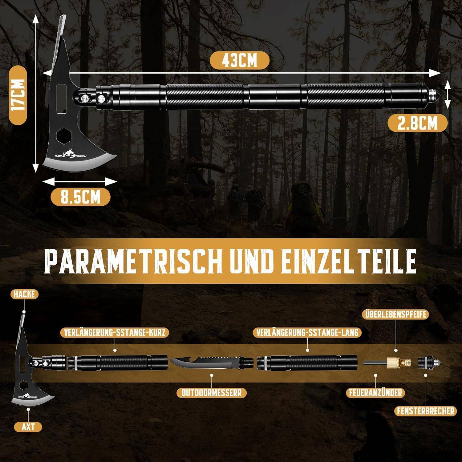 # Diagramm eines taktischen Multifunktionswerkzeugs mit Axtkopf und modularem Griff, beschriftet auf Deutsch mit den Maßen 43 cm lang, 17 cm hoch und 2,8 cm breit.