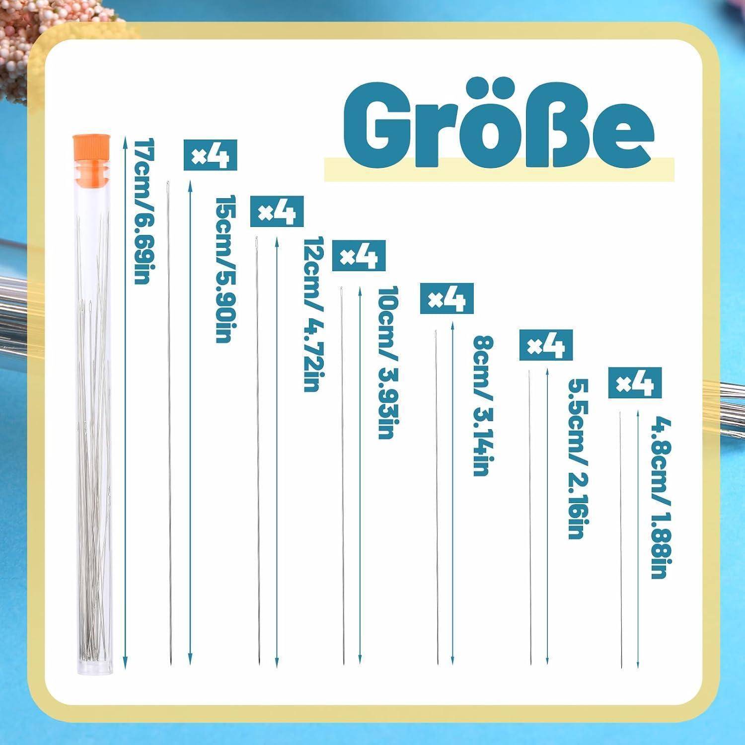 Größentabelle für Viererpackungen klarer Röhren mit sieben Röhrenlängen von 17 cm bis 4,8 cm mit Zoll-Entsprechungen.