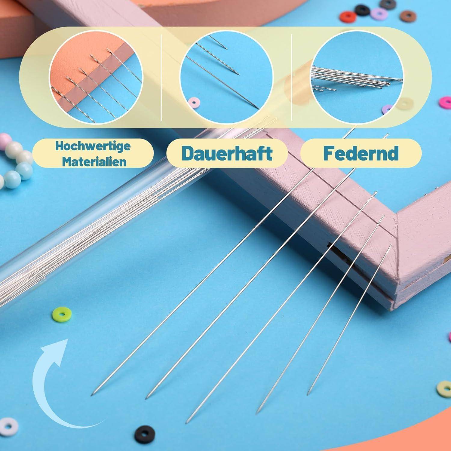 Werbegrafiik von Nähnadeln mit Beschriftungen „Hochwertige Materialien