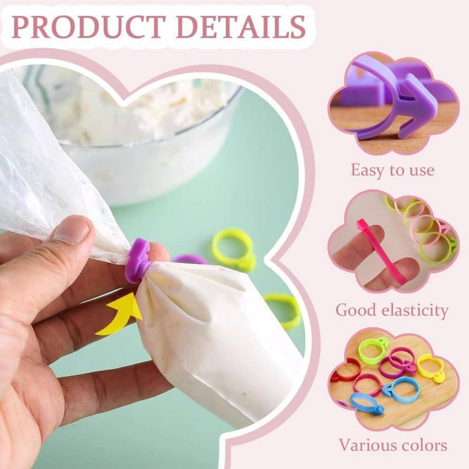 Produktdetailbild mit bunten wiederverwendbaren elastischen Beutelclips; Nahaufnahme einer Hand, die einen Beutel verschließt, mit Beschriftungen „Einfach zu bedienen