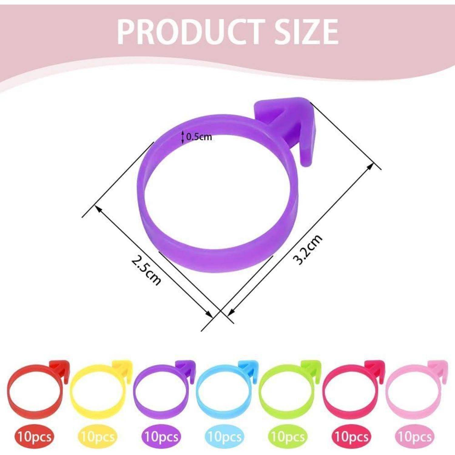 Produktgrößendiagramm eines violetten kreisförmigen Clips mit einer Breite von 2,5 cm, einer Länge von 3,2 cm und einer Dicke von 0,5 cm; Farboptionen in einer Reihe angezeigt, jeweils mit 10 Stück gekennzeichnet.