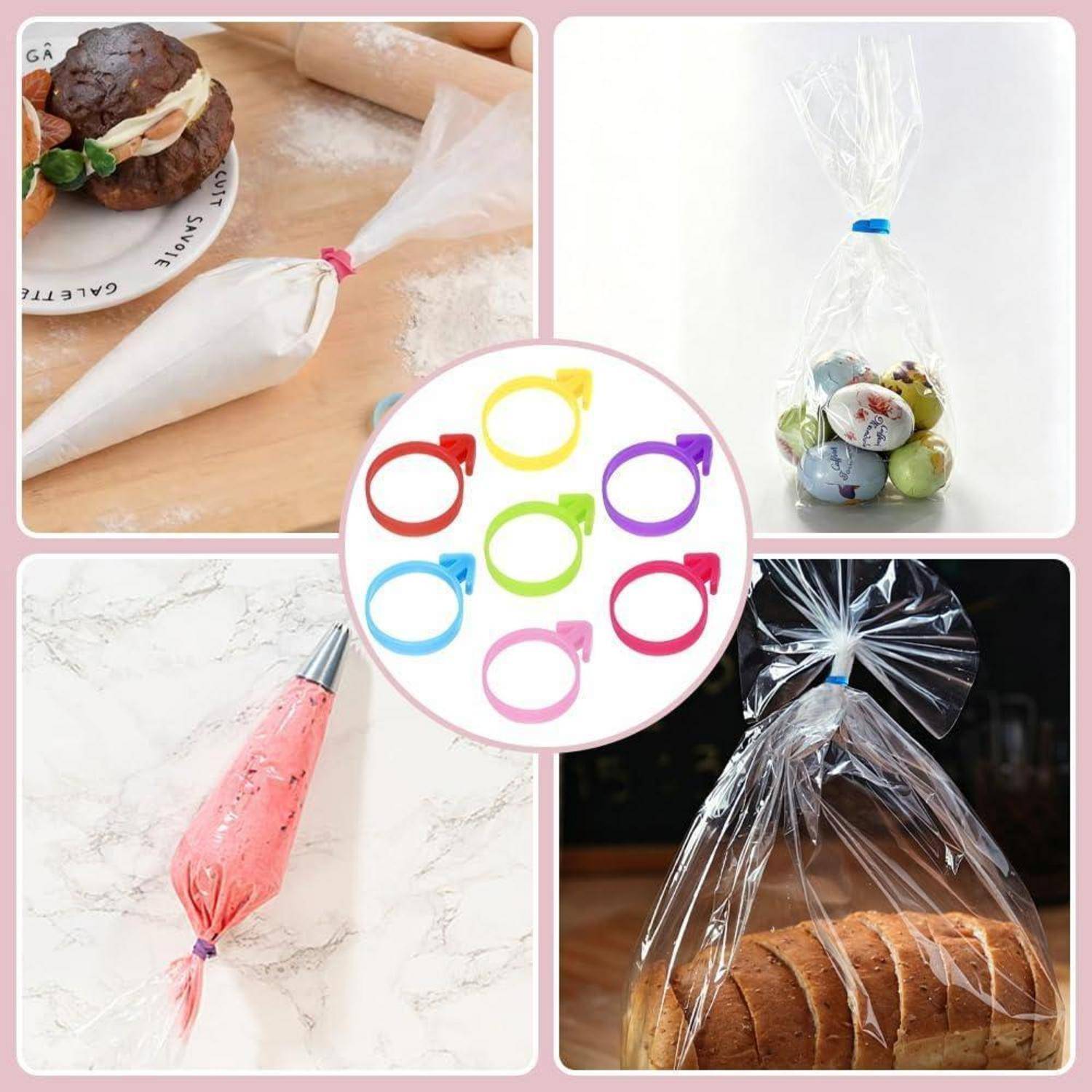 Collage, das bunte Kunststoffbeutelclips und verschlossene Backbeutel zeigt, die zum Versiegeln und Verpacken von Kuchen, Süßigkeiten und Brot verwendet werden.