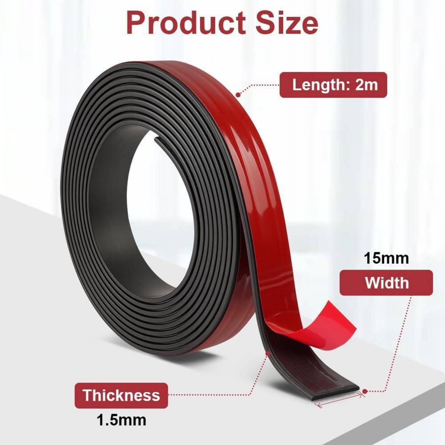 Produktgrößendiagramm eines aufgerollten schwarz-roten Streifens mit der Bezeichnung Länge 2m, Breite 15mm und Dicke 1,5mm.