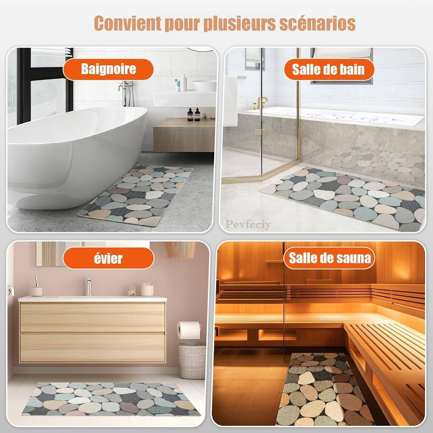 Collage mit einer Badematte mit Steinmuster, die in vier Szenarien verwendet wird: Badewanne, Badezimmer, Waschbereich und Sauna; Text sagt „Geeignet für mehrere Szenarien