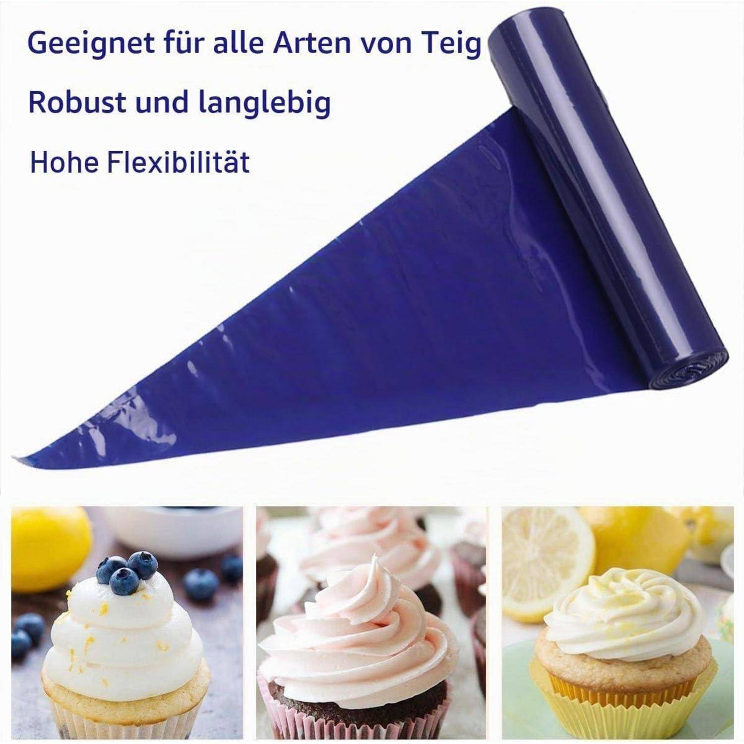 Blauer wiederverwendbarer Spritzbeutel mit deutschem Text „Geeignet für alle Teigarten