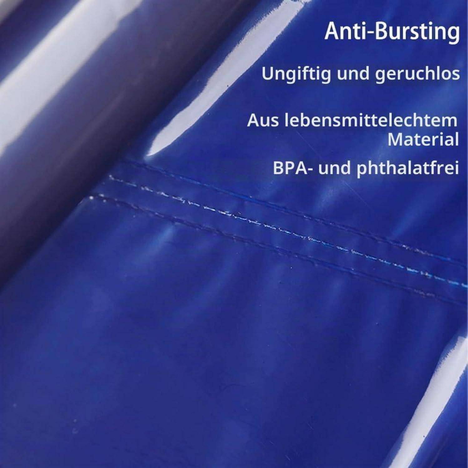 Blaue Anti-Burst-Luftmatte mit deutscher Textauflistung der Merkmale: ungiftig, geruchlos, lebensmittelgeeignetes Material, BPA- und phthalatfrei.