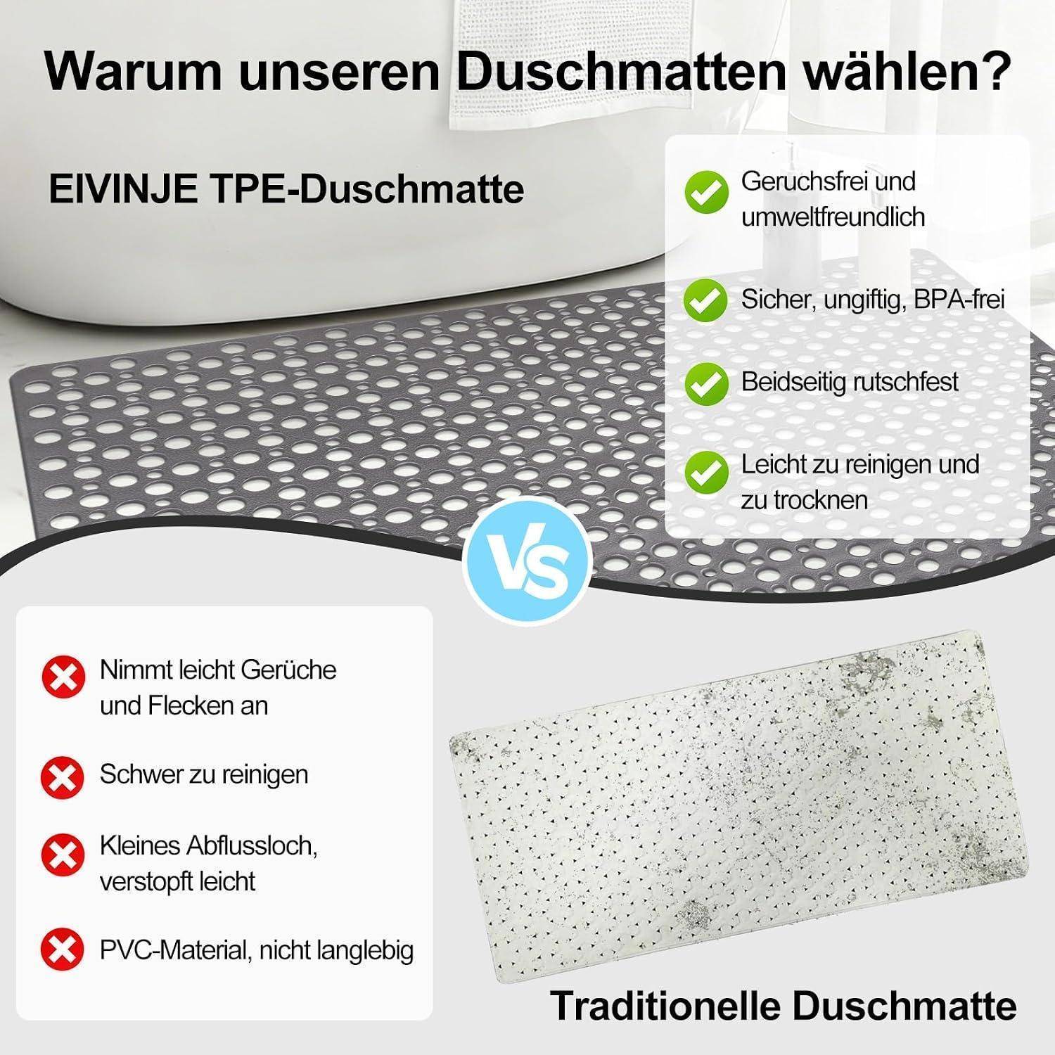 Duschmatte rutschfest 80x120 cm TPE Grau mit Saugnäpfen