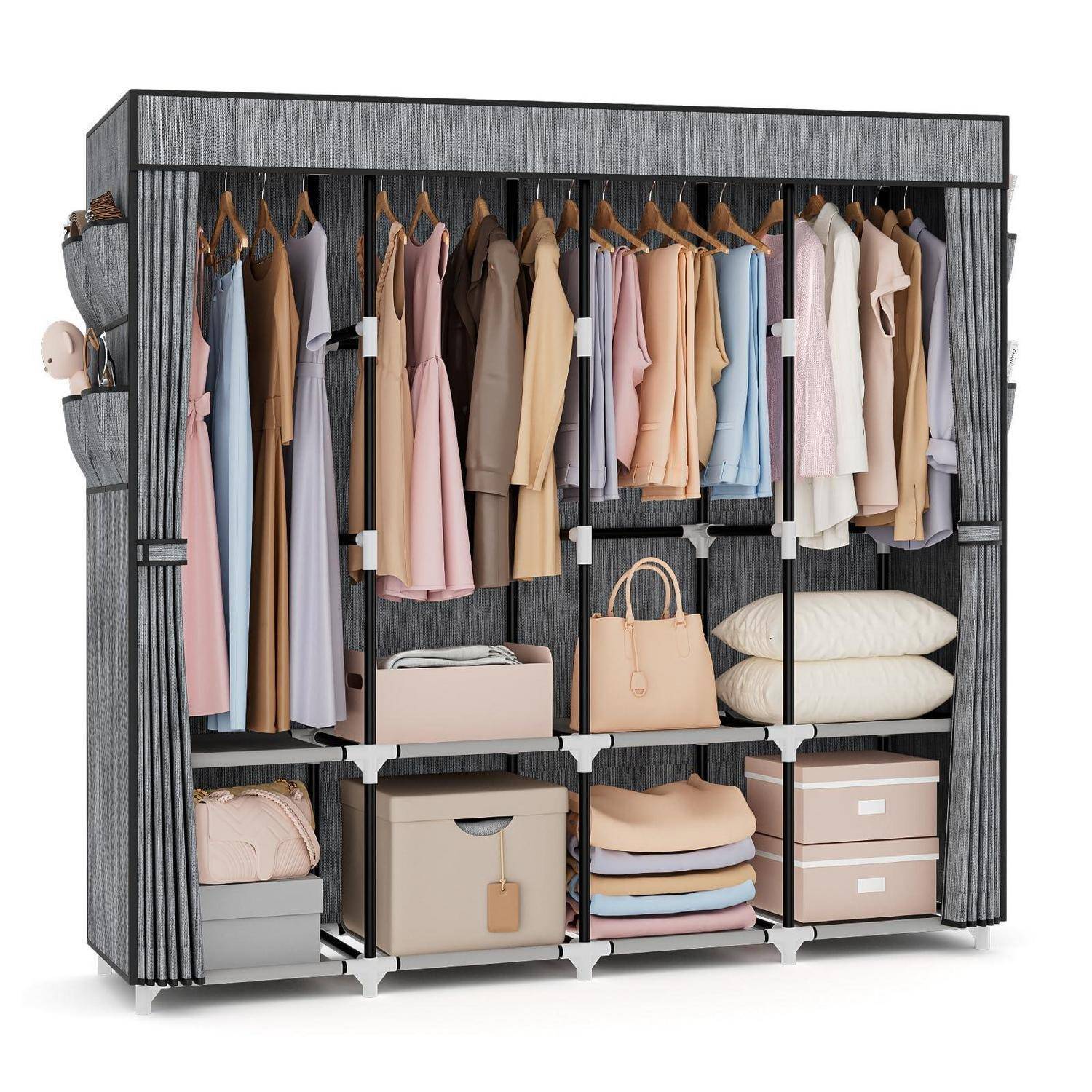 Stoffbezogener modularer Kleiderschrank mit Kleiderbügel, Regalen, Aufbewahrungsboxen, Handtaschen und Kissen in einem kompakten Kleiderschrank-Organizer.