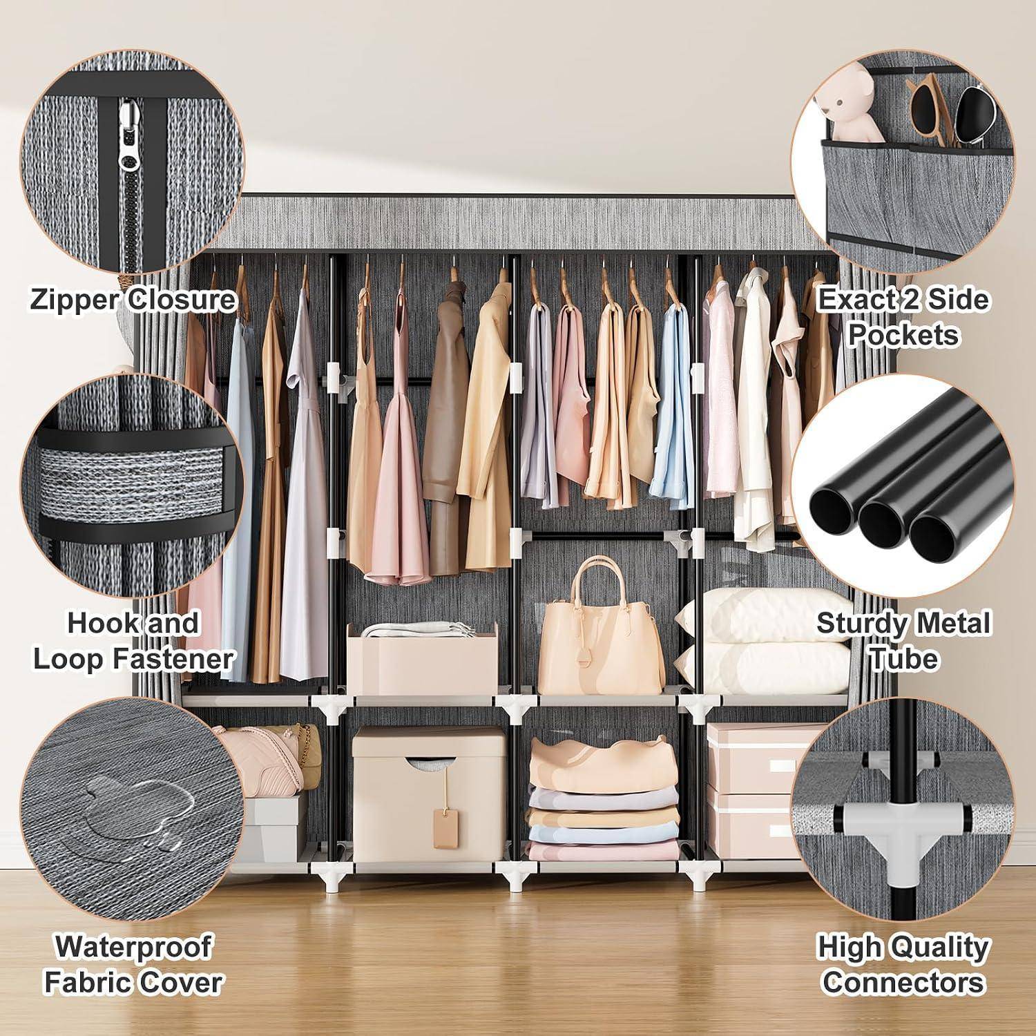 Abbildung eines modularen Stoffkleiderschranks mit hängender Kleidung und Regalen, gekennzeichnet mit Funktionen: Reißverschlussabschluss, Seitentaschen, Klettverschluss, wasserdichte Abdeckung, Metallrohre und Verbinder.