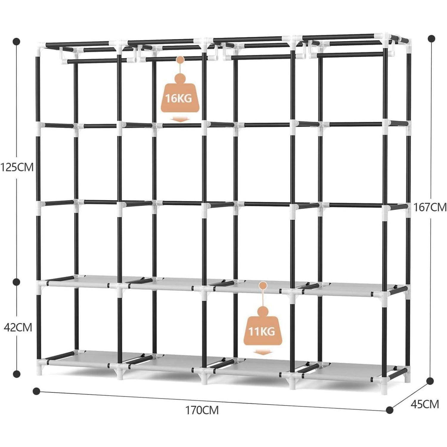 Weißes modulares Würfel-Regalsystem mit 24 Fächern, abgebildet mit Abmessungen von 170 cm Breite, 45 cm Tiefe, 167 cm Höhe; Gewichtsetiketten zeigen 16 kg und 11 kg.