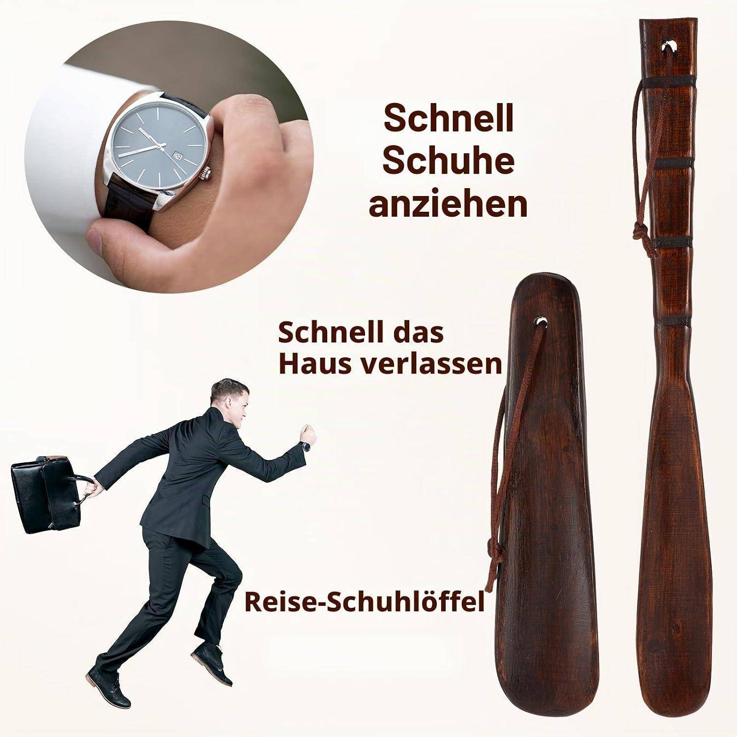 Infografik eines Reise-Schuhanzieher-Riemens, mit dem Sie schnell Schuhe anziehen und das Haus verlassen können; deutsche Beschriftungen heben die schnelle Verwendung und Portabilität hervor.