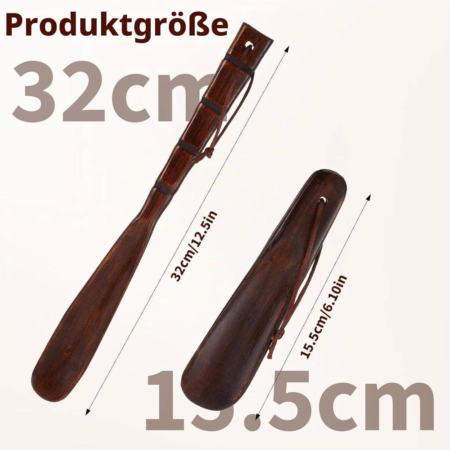Produktgrößendiagramm mit einem Holzlöffel und Etui, beschriftet mit 32 cm und 15,5 cm, mit Zollangaben 12,5 in und 6,1 in.