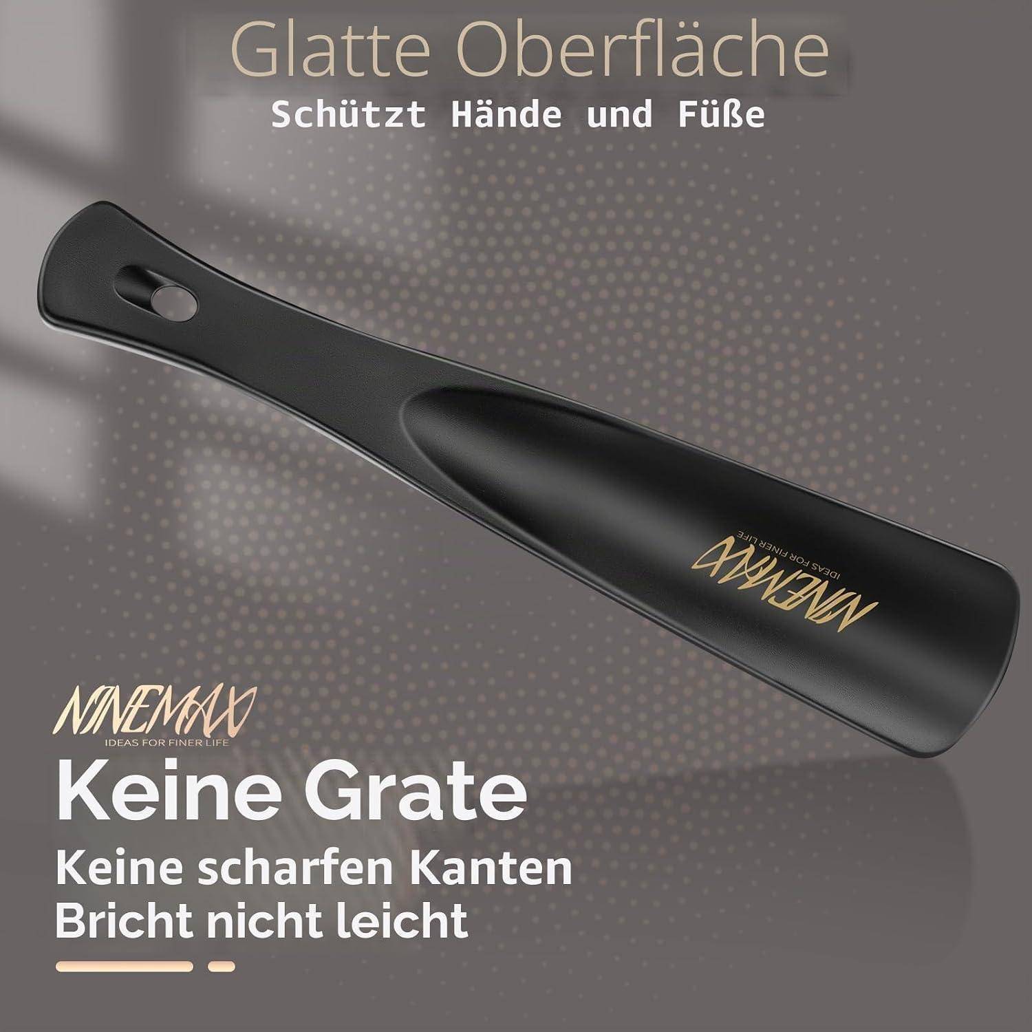 Schwarzer Kunststoffschuhanzieher mit glatter, gratfreier Oberfläche; deutscher Text besagt, dass er Hände und Füße schützt, keine scharfen Kanten hat und nicht leicht bricht.