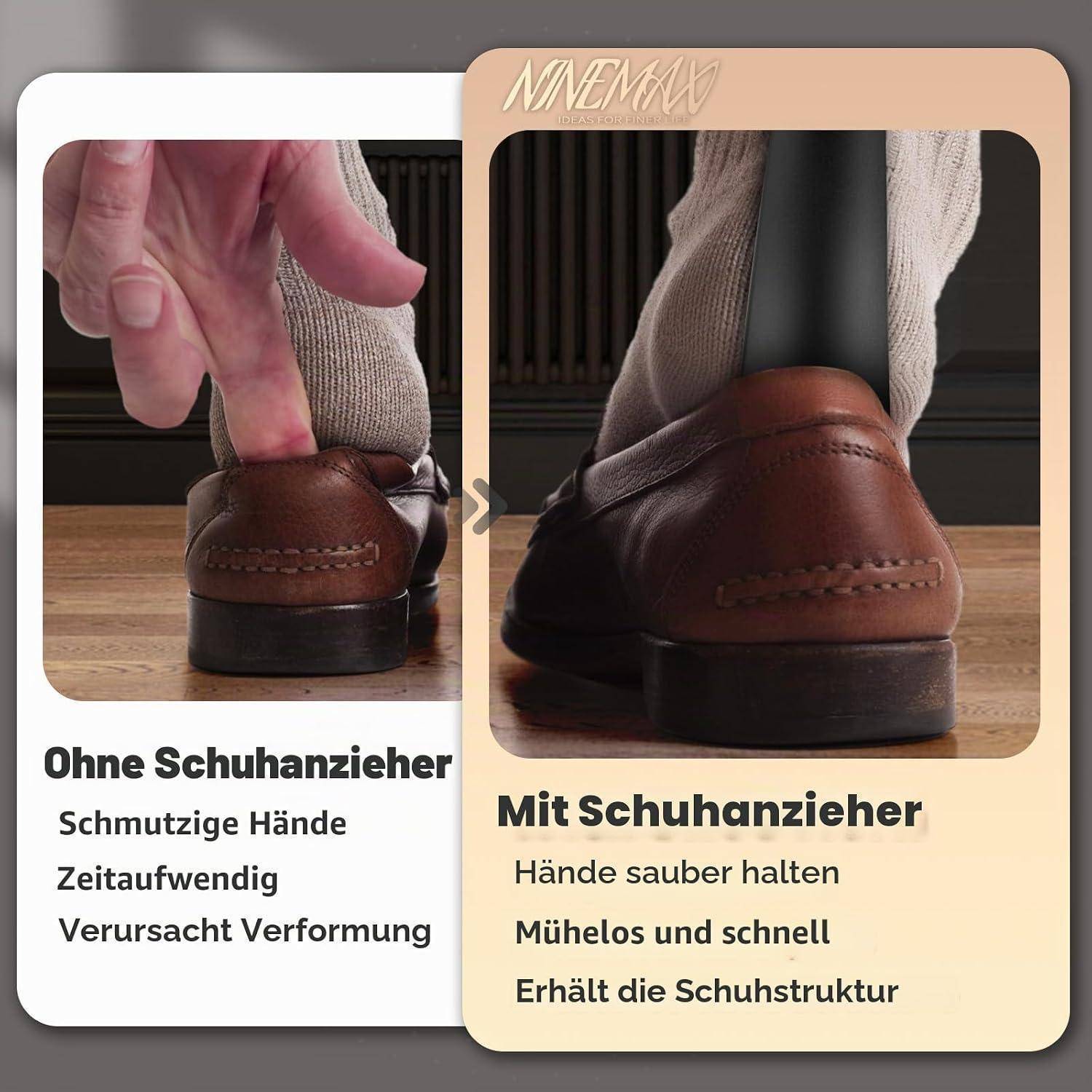 Schuhpflege im direkten Vergleich: Ohne Schuhanzieher können schmutzige Hände und Zeitverschwendung den Schuh verformen; mit Schuhanzieher bleiben die Hände sauber und der Schuh behält seine Form.