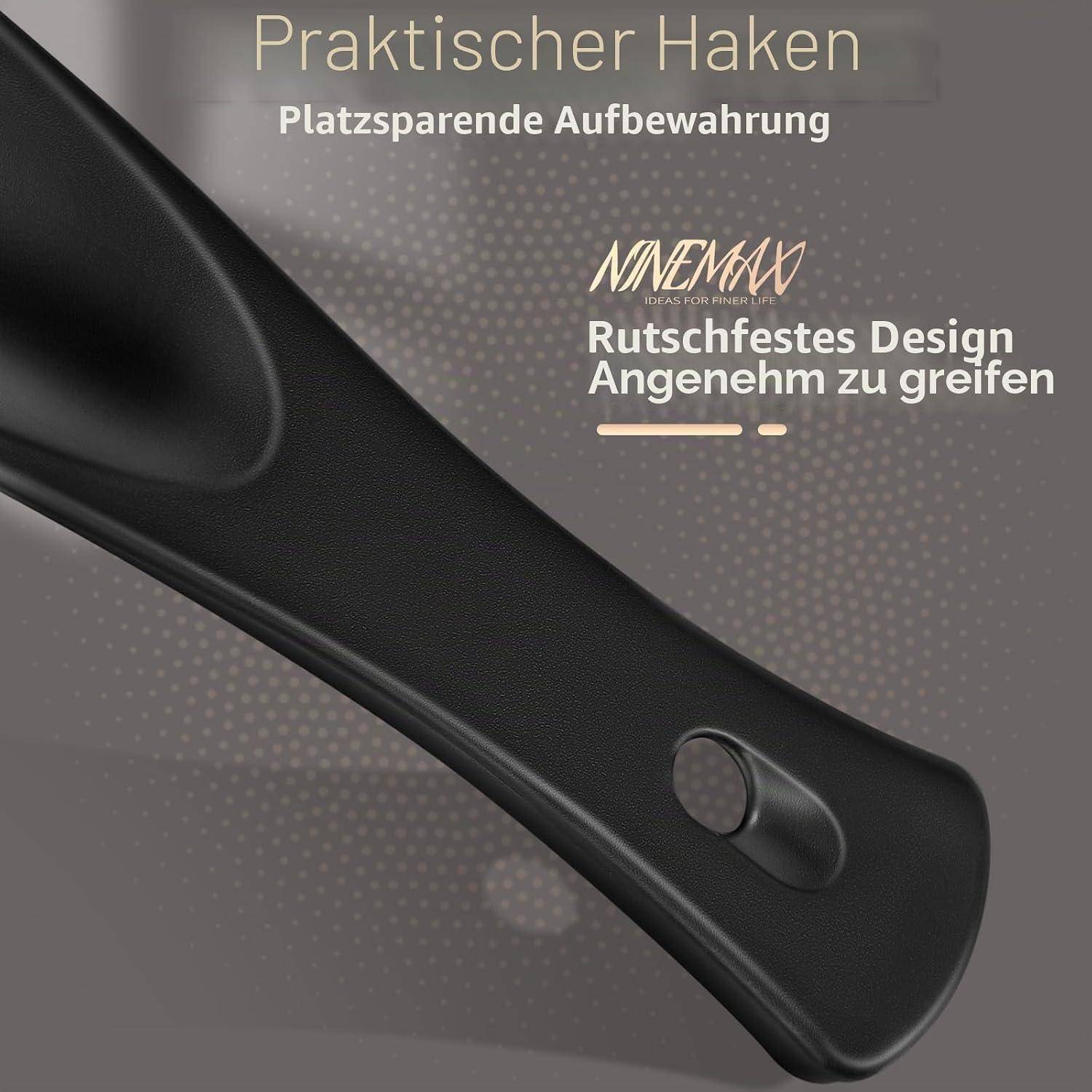 Schwarzer praktischer Haken mit rutschfestem, komfortablem Griff, dargestellt als platzsparendes Lagerzubehör; deutscher Text hebt „Praktischer Haken