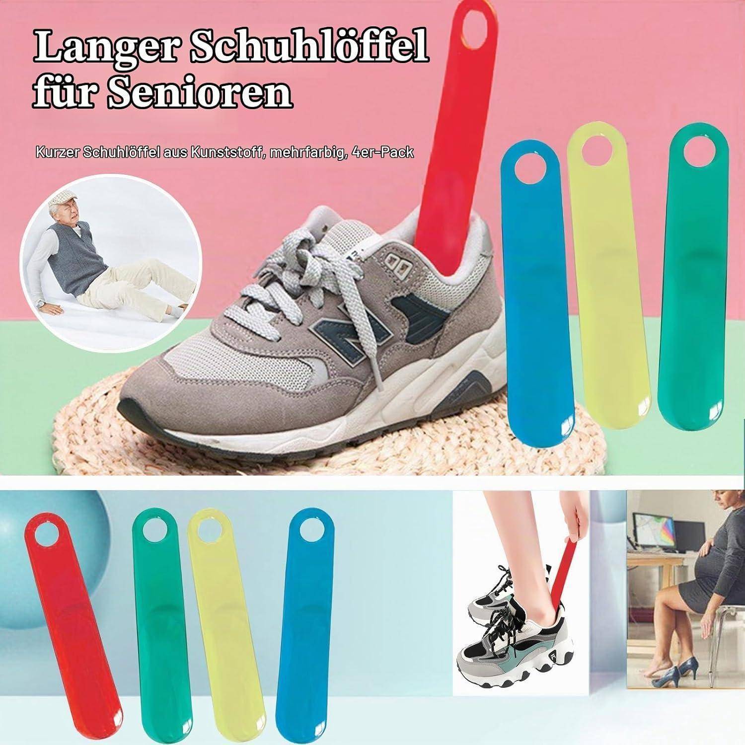 Produktbild eines langen Kunststoff-Schuhanziehers für Senioren, in vier Farben erhältlich, hilft beim Anziehen von Schuhen ohne sich zu bücken.