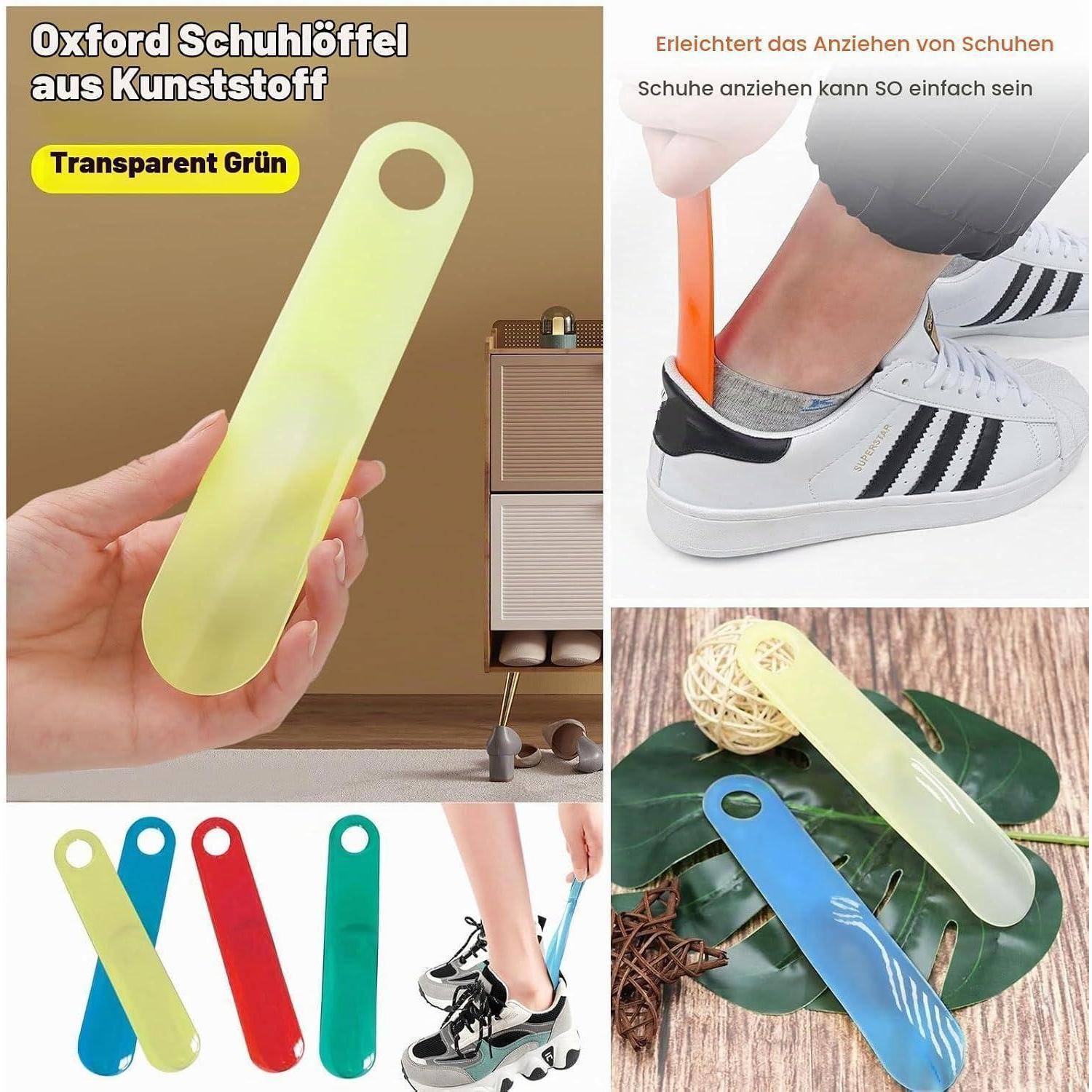 Collage aus transparenten Kunststoff-Schuhlöffeln in mehreren Farben, zeigt einen, der verwendet wird, um einen Sneaker anzuziehen; deutscher Text sagt 