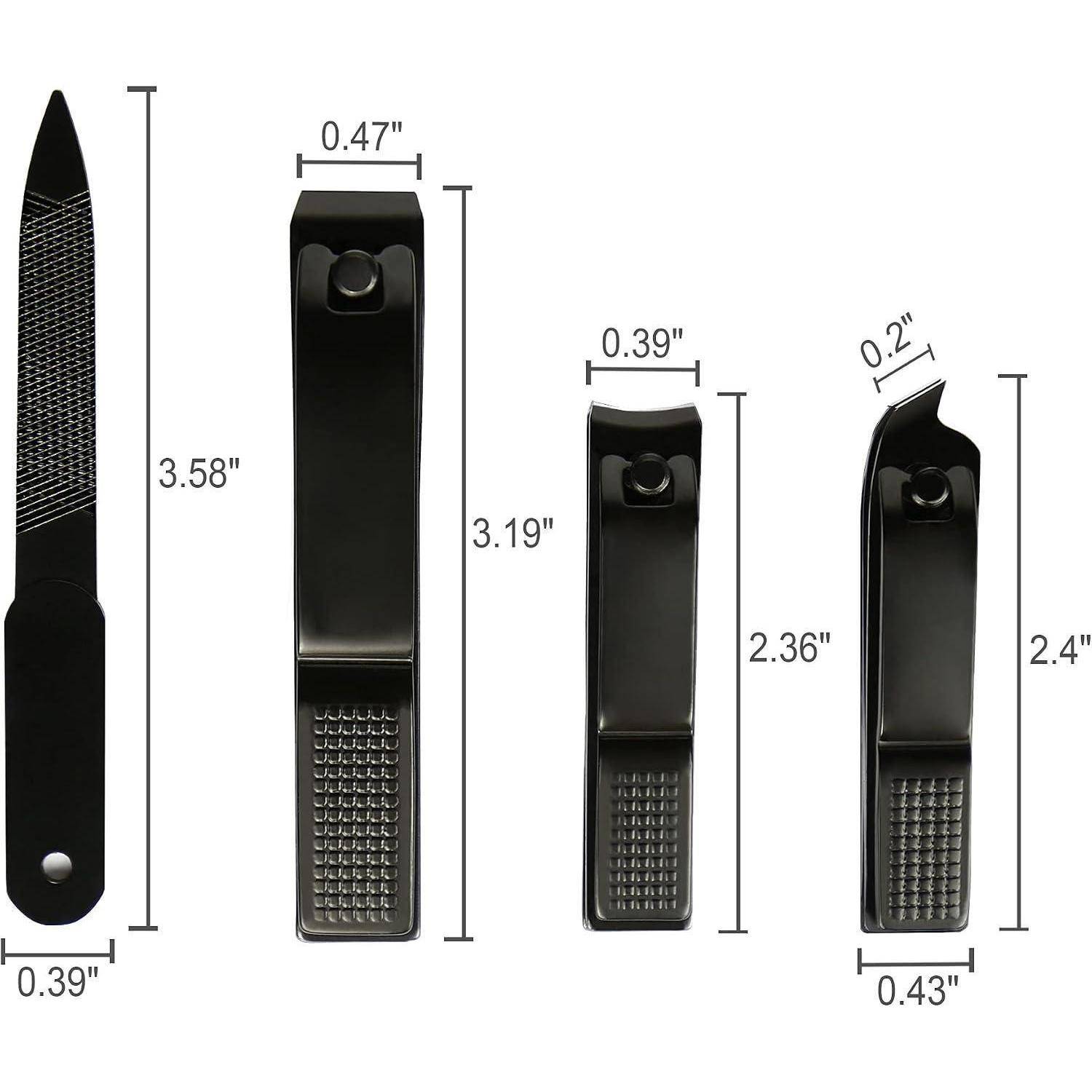 Größentabelle für Produkte zeigt eine Nagelfeile und drei schwarze Nagelknipser mit beschrifteten Abmessungen in Zoll, einschließlich 3,58, 3,19, 2,36, 2,4, 0,47, 0,39, 0,43 und 0,2.