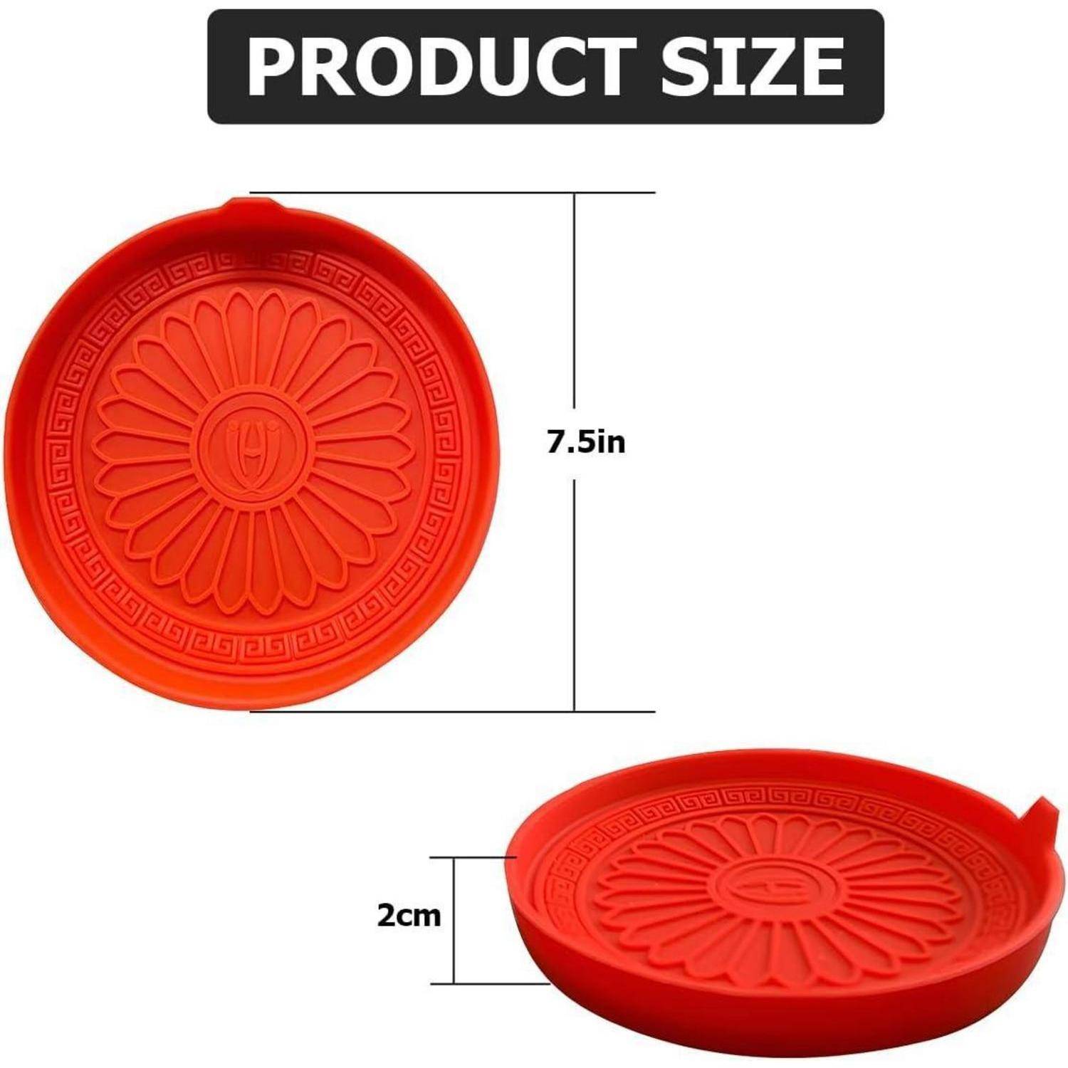 Produktgrößendiagramm zeigt ein rotes rundes Tablett oder einen Deckel, 7,5 Zoll breit und 2 cm hoch.