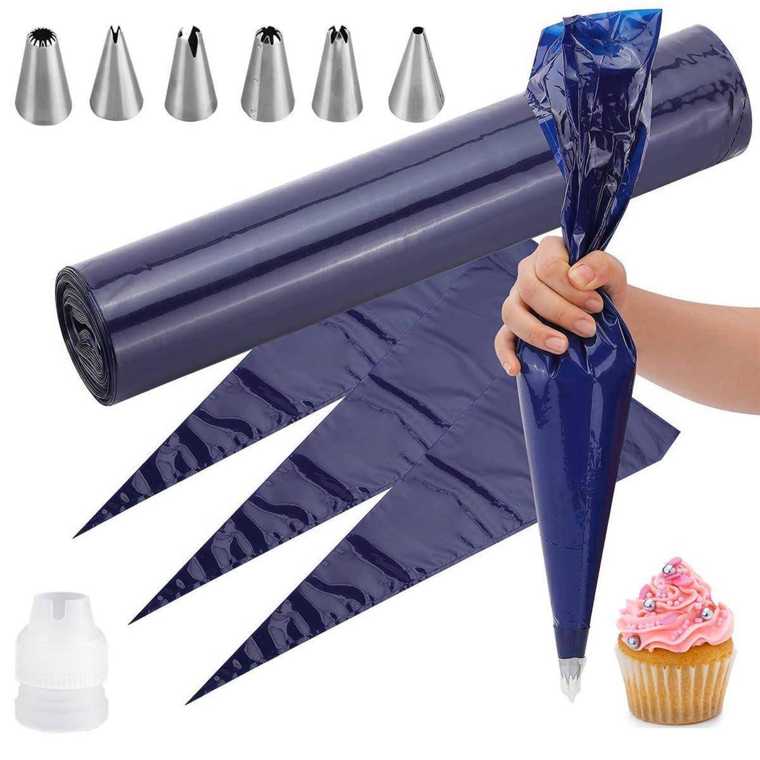 Einweg-Spritzbeutel in Blau mit Metall-Dekorierspitzen zum Verzieren von Cupcakes, gezeigt mit einer Hand, die einen Beutel füllt, und einem Cupcake-Beispiel.