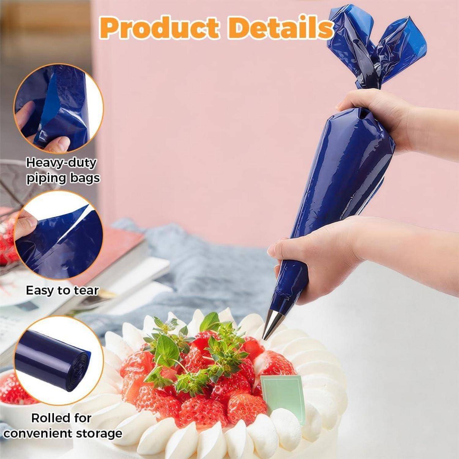 Produktdetails für einen blauen Spritzbeutel: strapazierfähig, leicht zu reißen und aufgerollt für bequeme Lagerung, abgebildet beim Dekorieren eines Erdbeerkuchens.