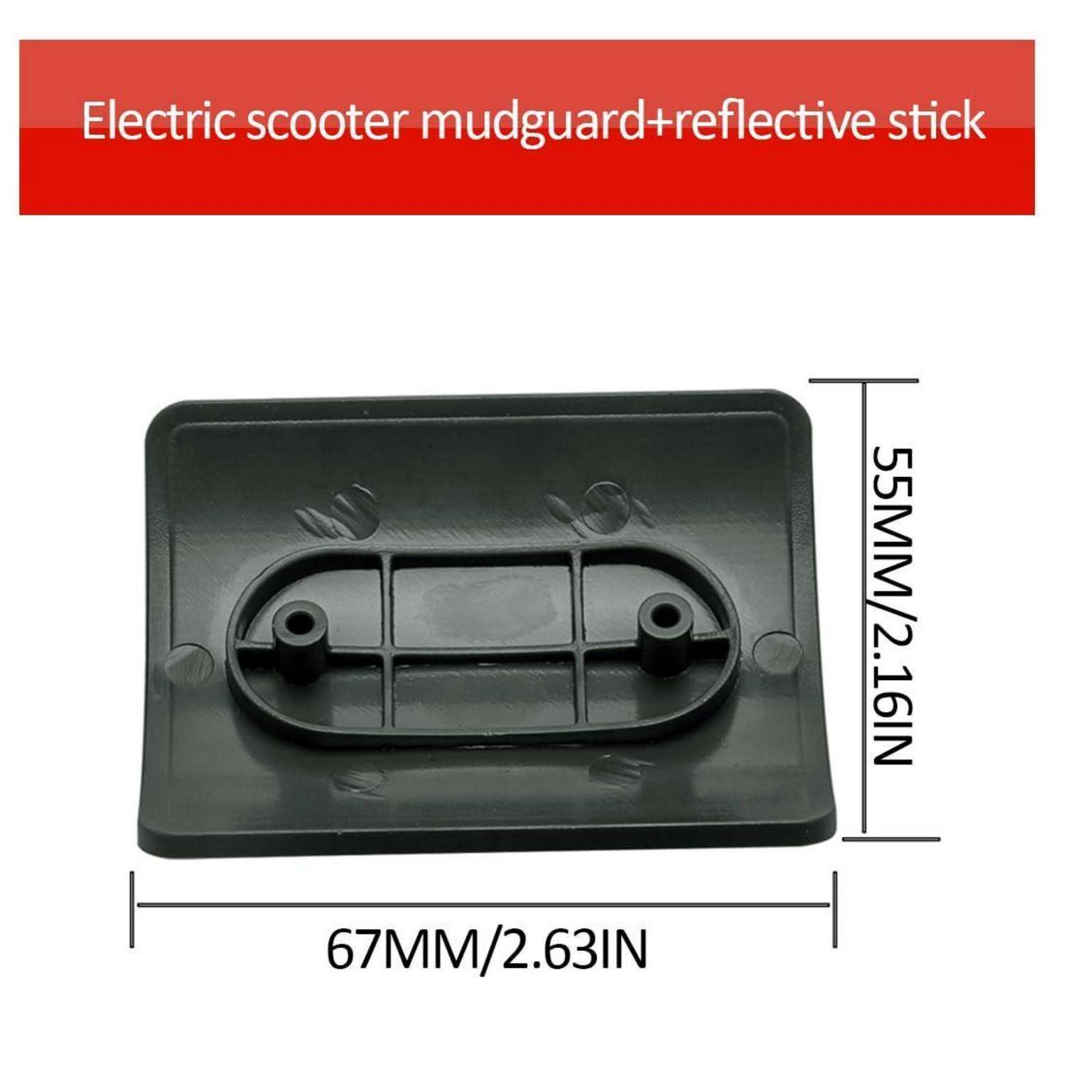 Schwarzer elektrischer Tretroller-Schutzblech mit reflektierendem Streifen, dargestellt mit Abmessungen von 67 mm x 55 mm.