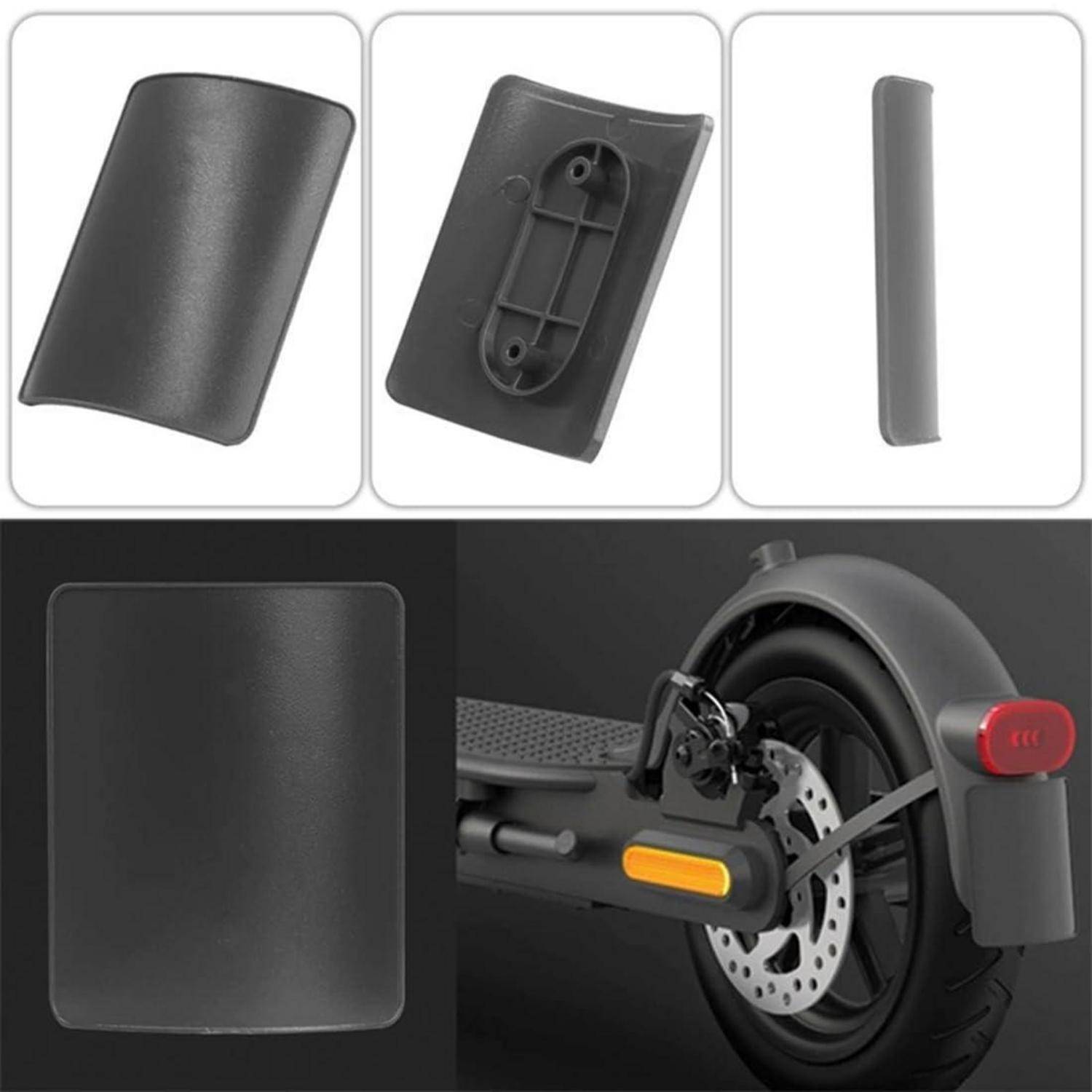 Schwarze Kunststoff-Roller-Schutzbleche-Abdeckung aus mehreren Winkeln dargestellt und über dem Hinterrad und der Bremsscheibe montiert.