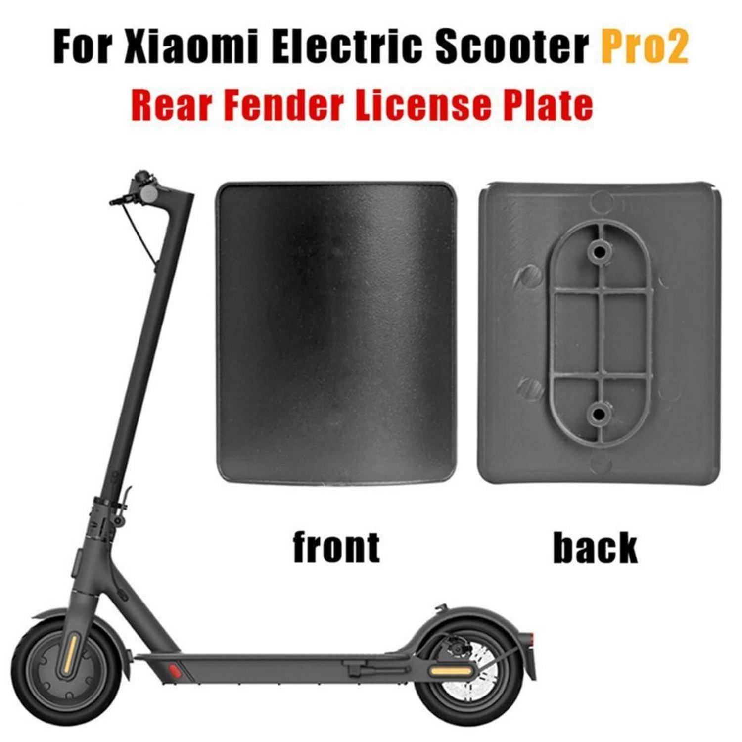 Produktbild für Xiaomi Electric Scooter Pro2 hinteres Schutzblech Kennzeichenplatte, zeigt Vorder- und Rückansichten einer schwarzen rechteckigen Platte und des Rollers mit Hinterrad-Schutzblech-Befestigung.