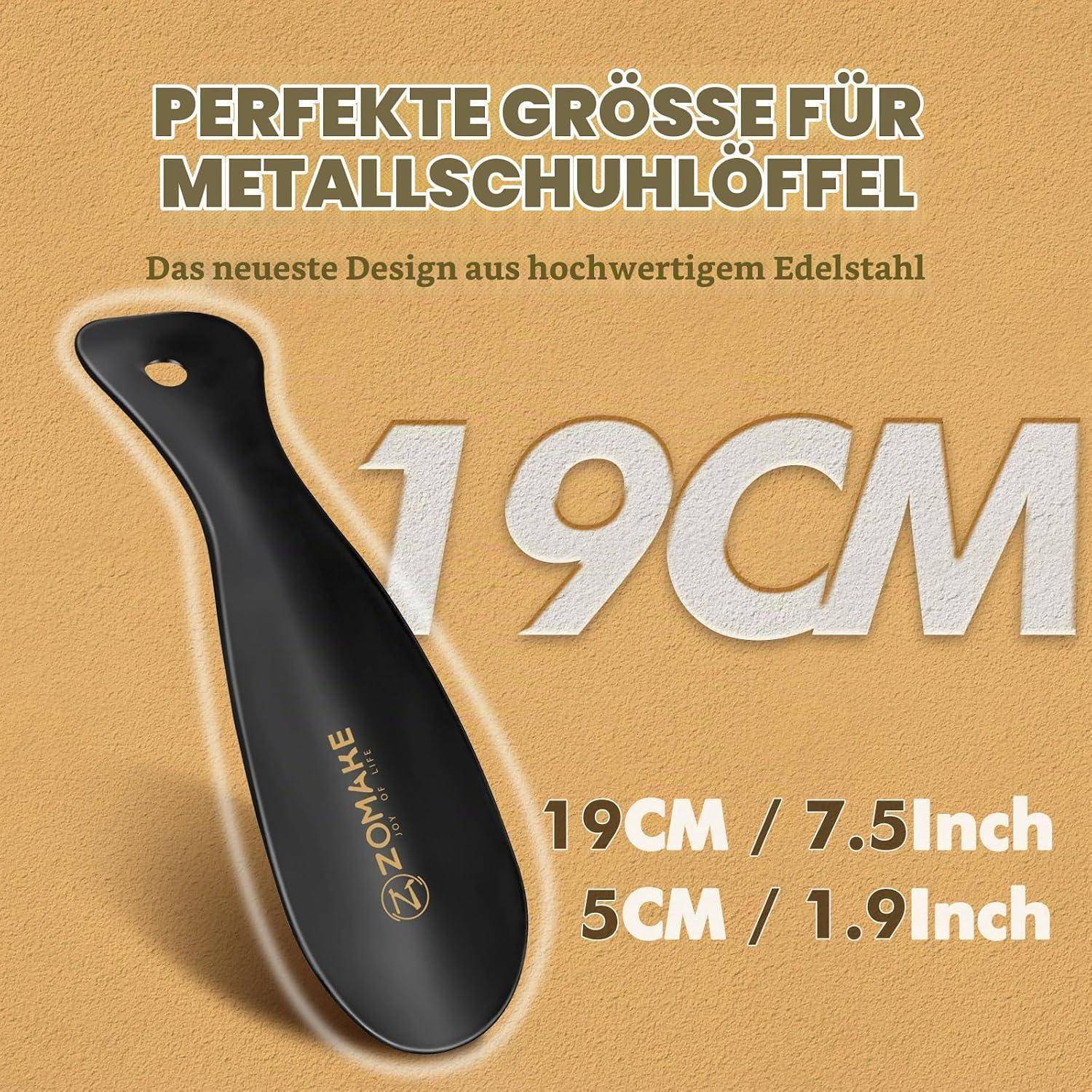 Anzeige für einen schwarzen Metallschuhlöffel, gekennzeichnet mit '19CM', mit den Abmessungen 19 cm/7,5 Zoll und 5 cm/1,9 Zoll, hergestellt aus Edelstahl.