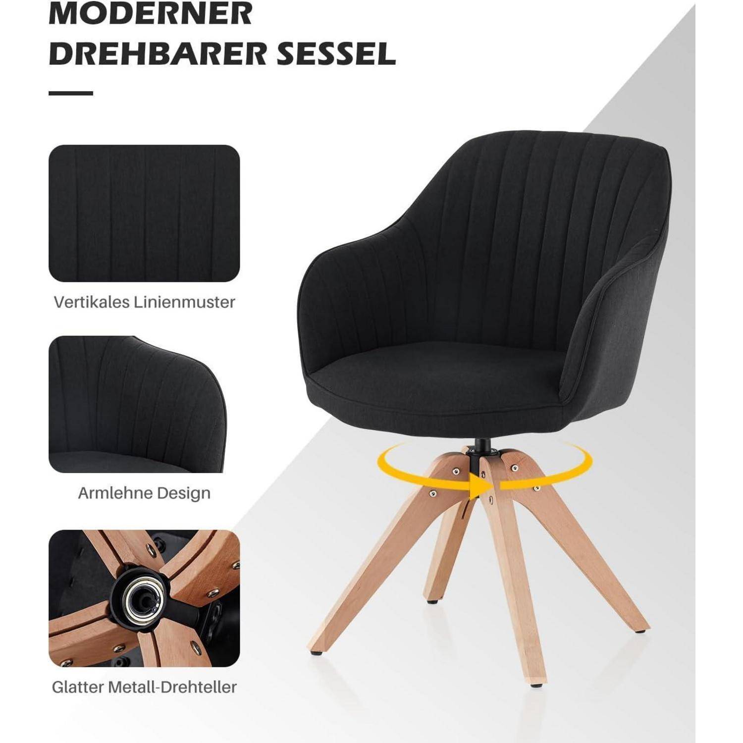 Produktbild eines modernen schwarzen Drehstuhls mit vertikaler Steppung, Armlehnen und Holzbeinen; eingefügte Nahaufnahmen zeigen das Sitzmuster, das Armlehnenendesign und die Metalldreh-Basis.