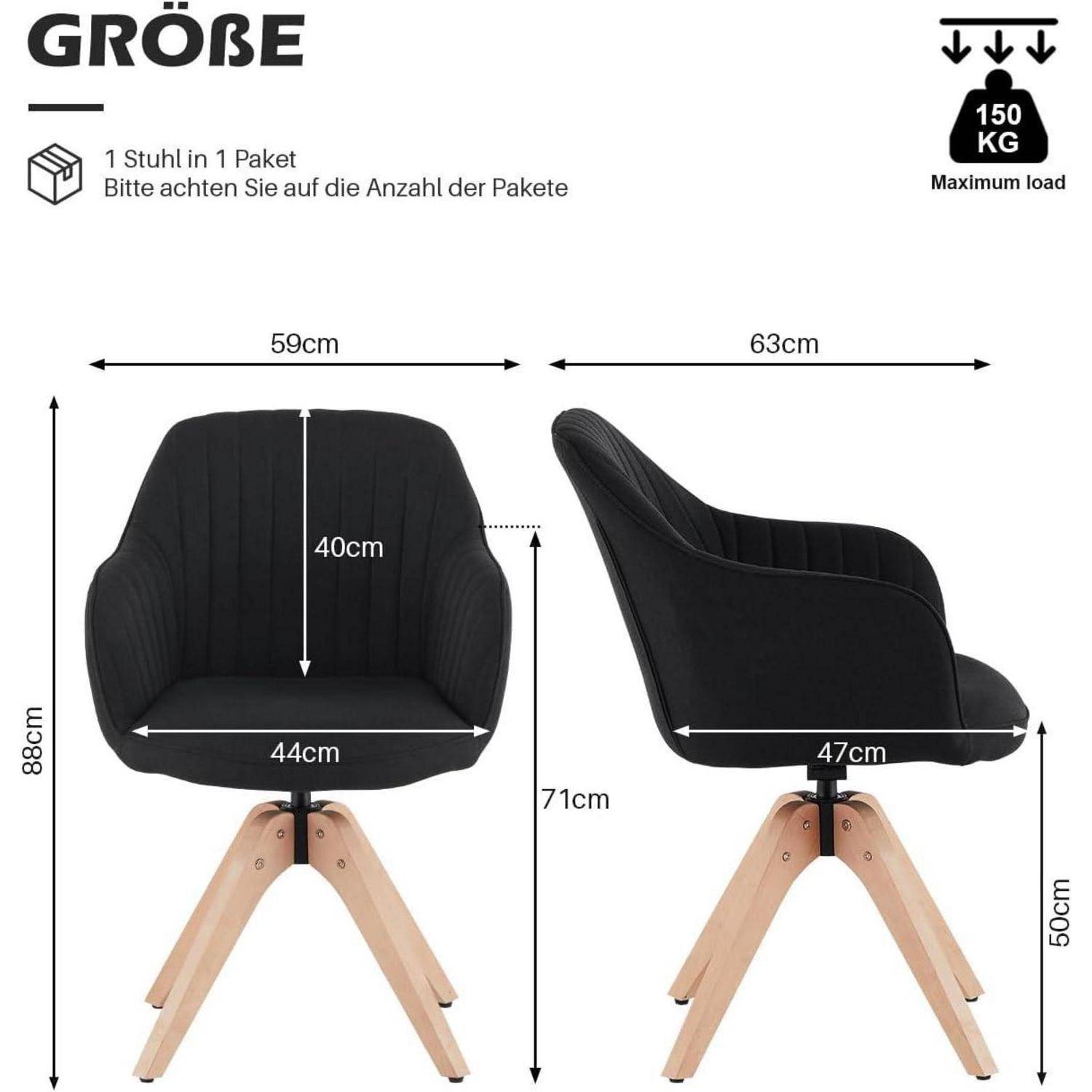 Illustriertes Größendiagramm für Stühle mit einem schwarzen gepolsterten Drehstuhl mit Holzbeinen; Abmessungen: 59 cm breit, 63 cm tief, 88 cm hoch, 40 cm Rückenlehne, 44 cm Sitzbreite, 47 cm Sitztiefe, 71 cm bis zur Armlehne, 50 cm Sitzhöhe; maximale Belastung 150 kg.