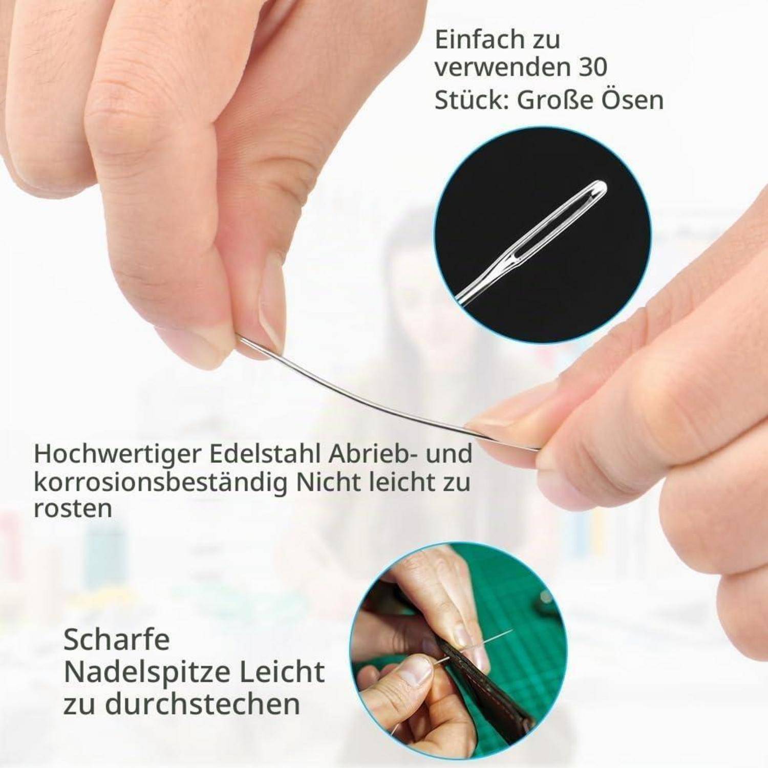 Nahaufnahme von Händen, die eine große Nähnadel halten, mit deutschem Text, der die einfache Bedienung, 30 Stück, Edelstahl, Korrosionsbeständigkeit und scharfe Spitze hervorhebt.