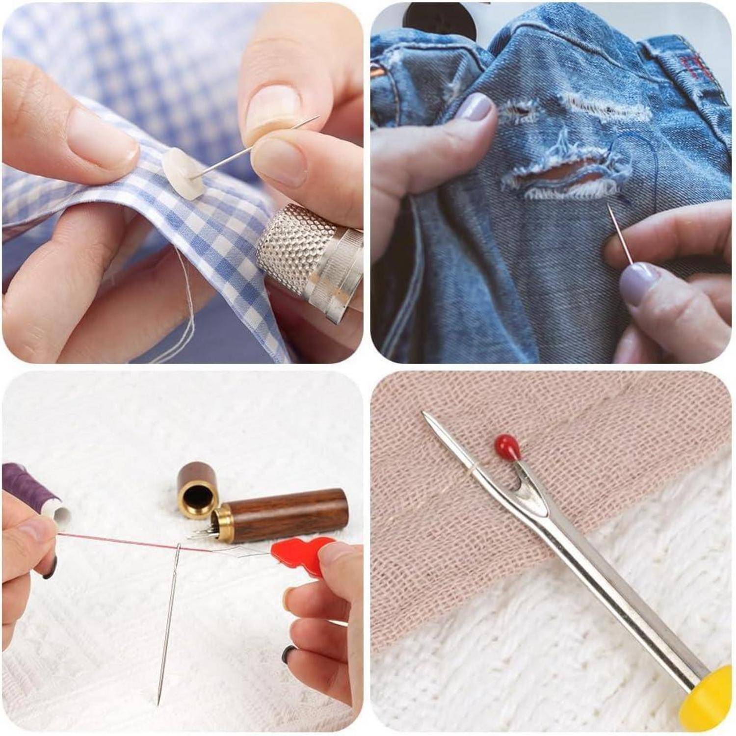 Collage von Händen, die Stoff mit Nadel und Faden reparieren, zeigt Kleidungsreparatur und die Verwendung eines Stich-Reparatur-Werkzeugs.