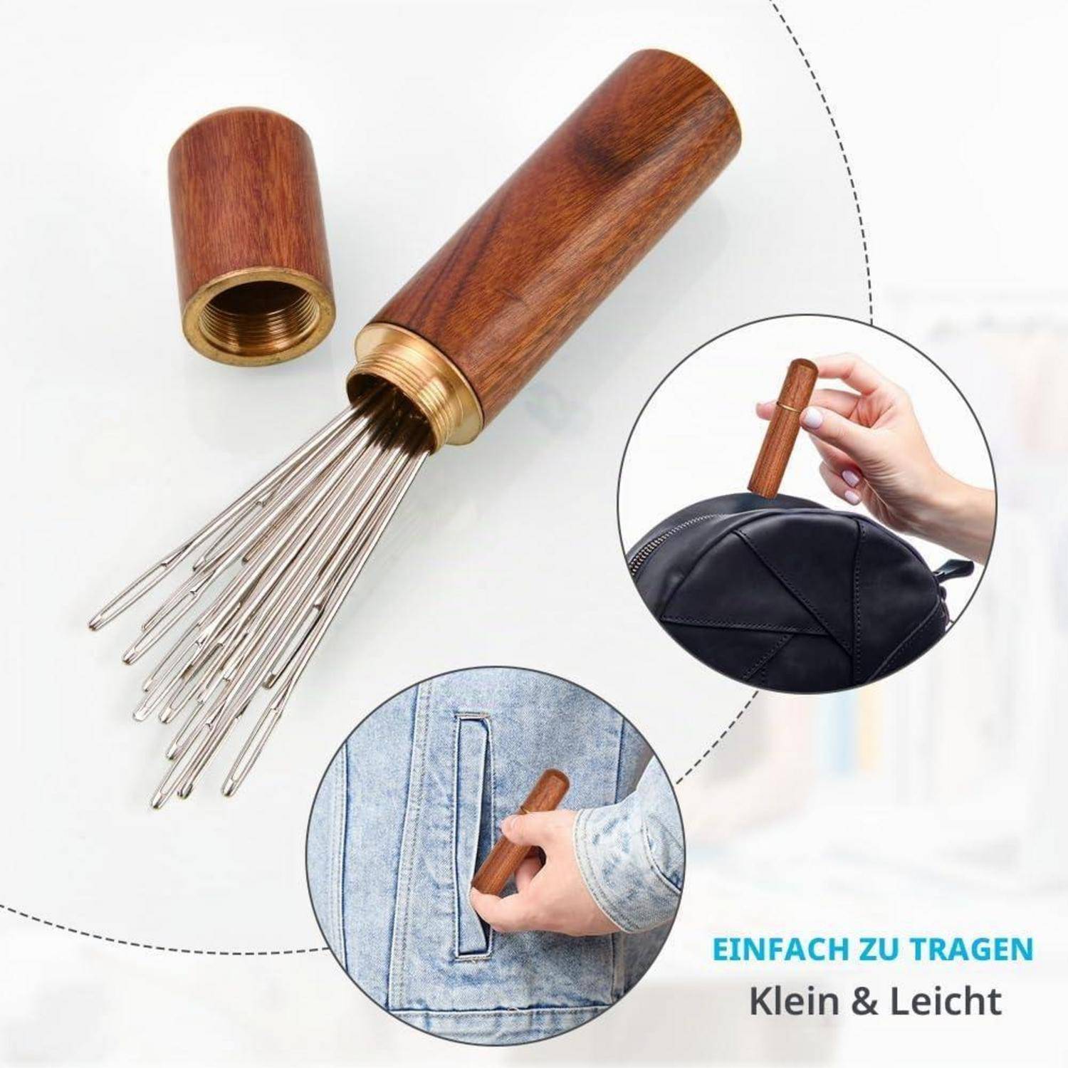 Kompakte Holzkleiderbürste mit ausfahrbaren Metallborsten, gezeigt bei der Verwendung auf einem Hut und einer Tasche, beschriftet mit „EINFACH ZU TRAGEN