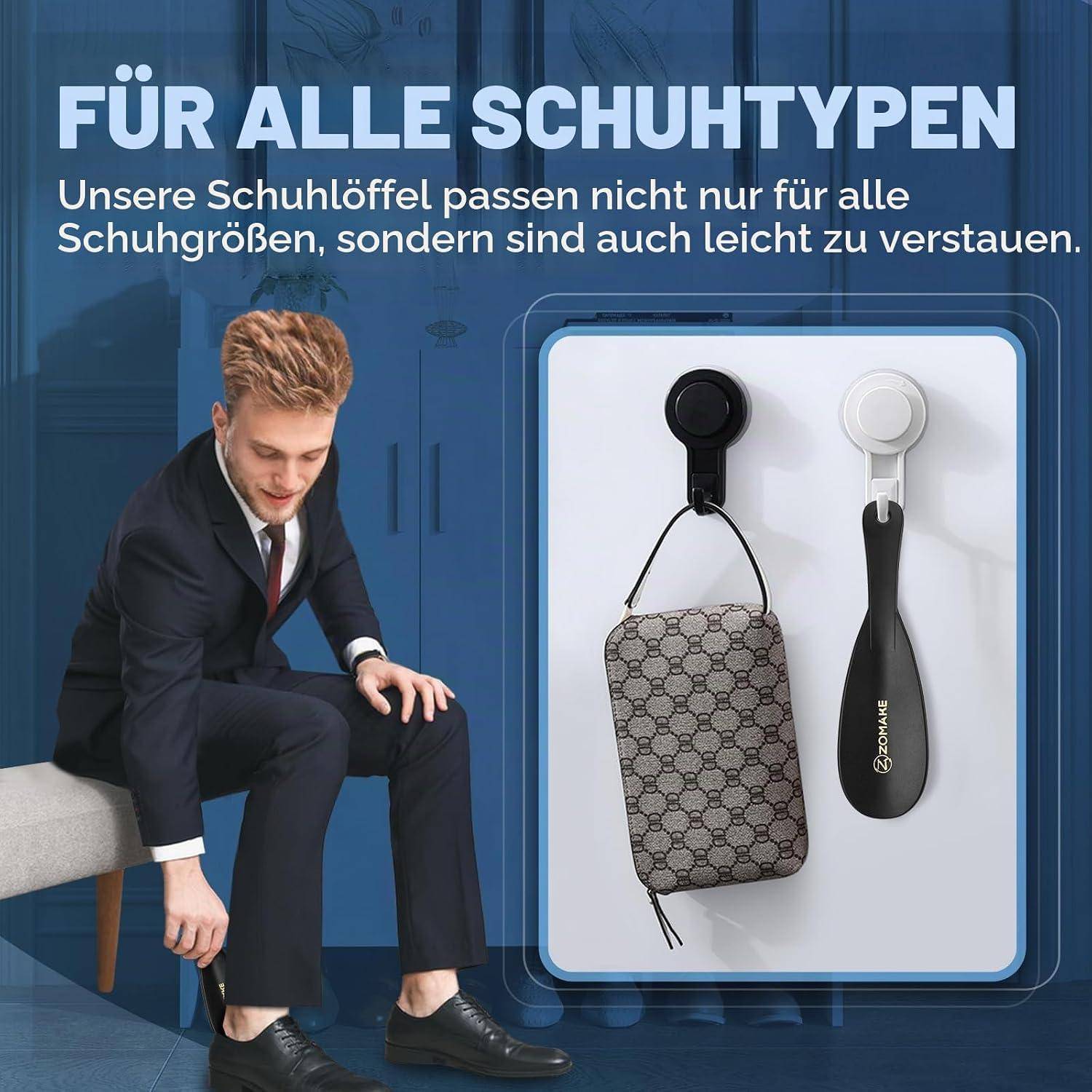 Anzeige, die Schuhlöffel für alle Schuhtypen zeigt, mit einem Mann, der Anzugschuhe anzieht, und zwei Schuhlöffel-Haltern mit Saugnapf, die eine Tasche und einen Schuhlöffel halten.