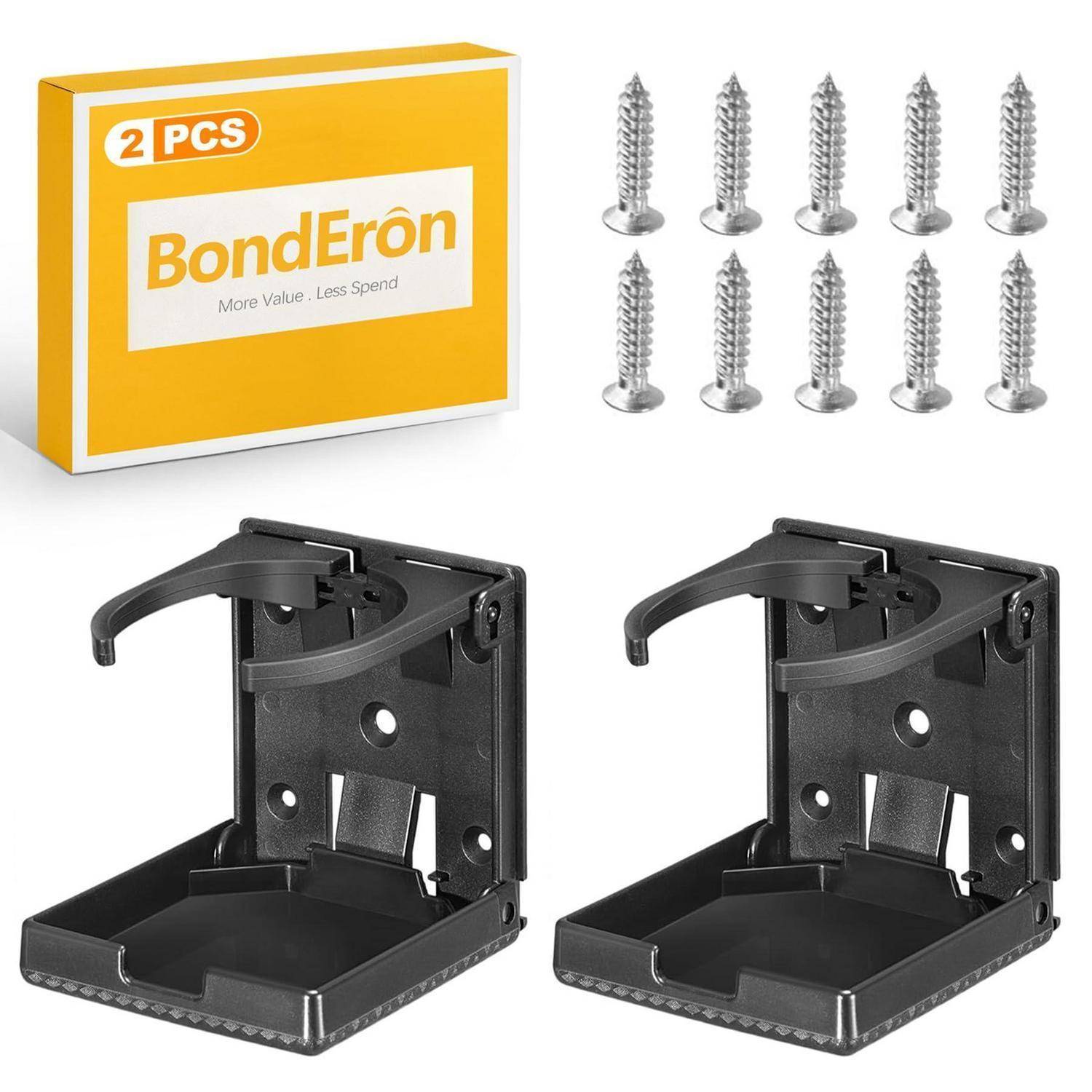 BondEron 2-teilige schwarze Klappregalbrackets mit Schrauben, gezeigt mit Produktbox und Hardware.
