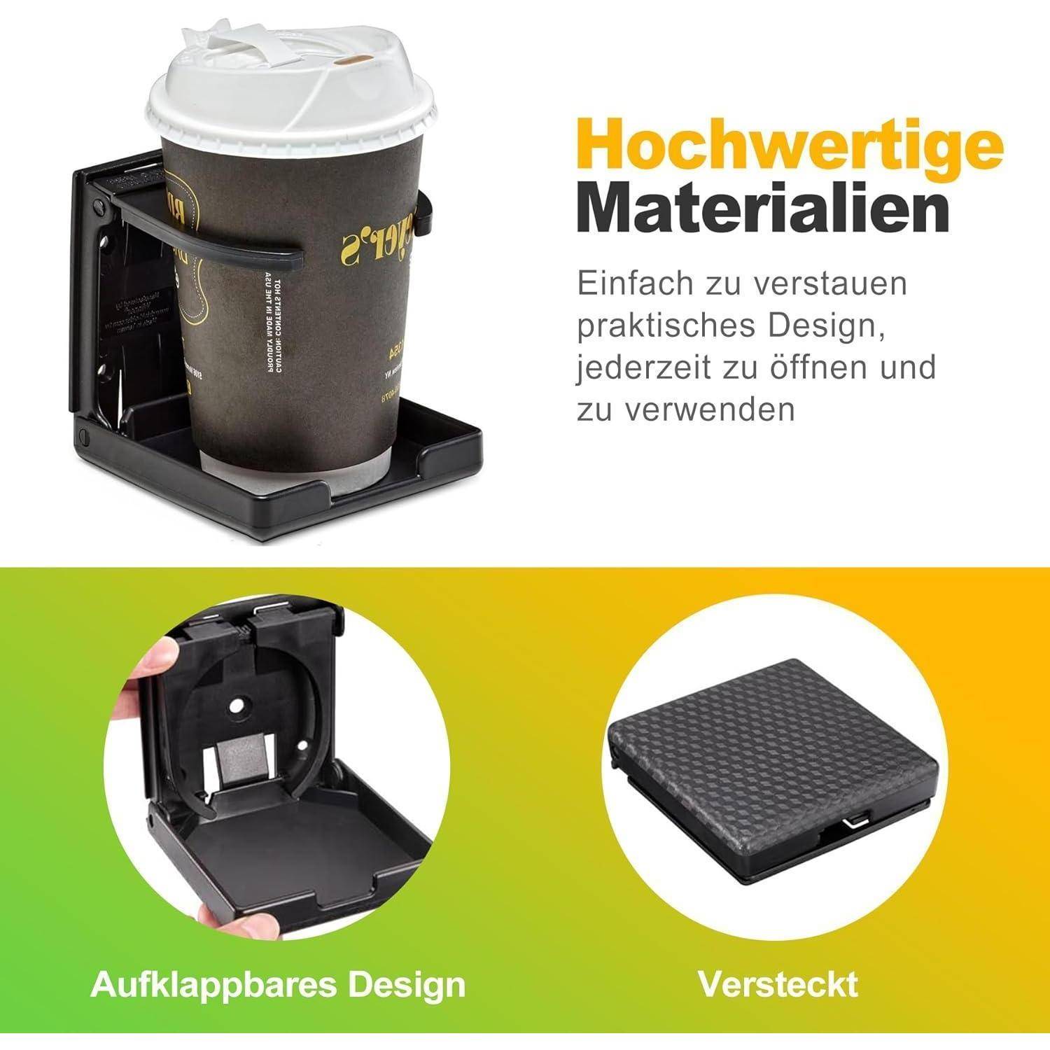 Zusammenklappbarer schwarzer Becherhalter mit Kaffeetasse; deutscher Text hebt hochwertige Materialien, einfache Lagerung, praktisches Design und versteckte, zusammenklappbare Befestigung hervor.