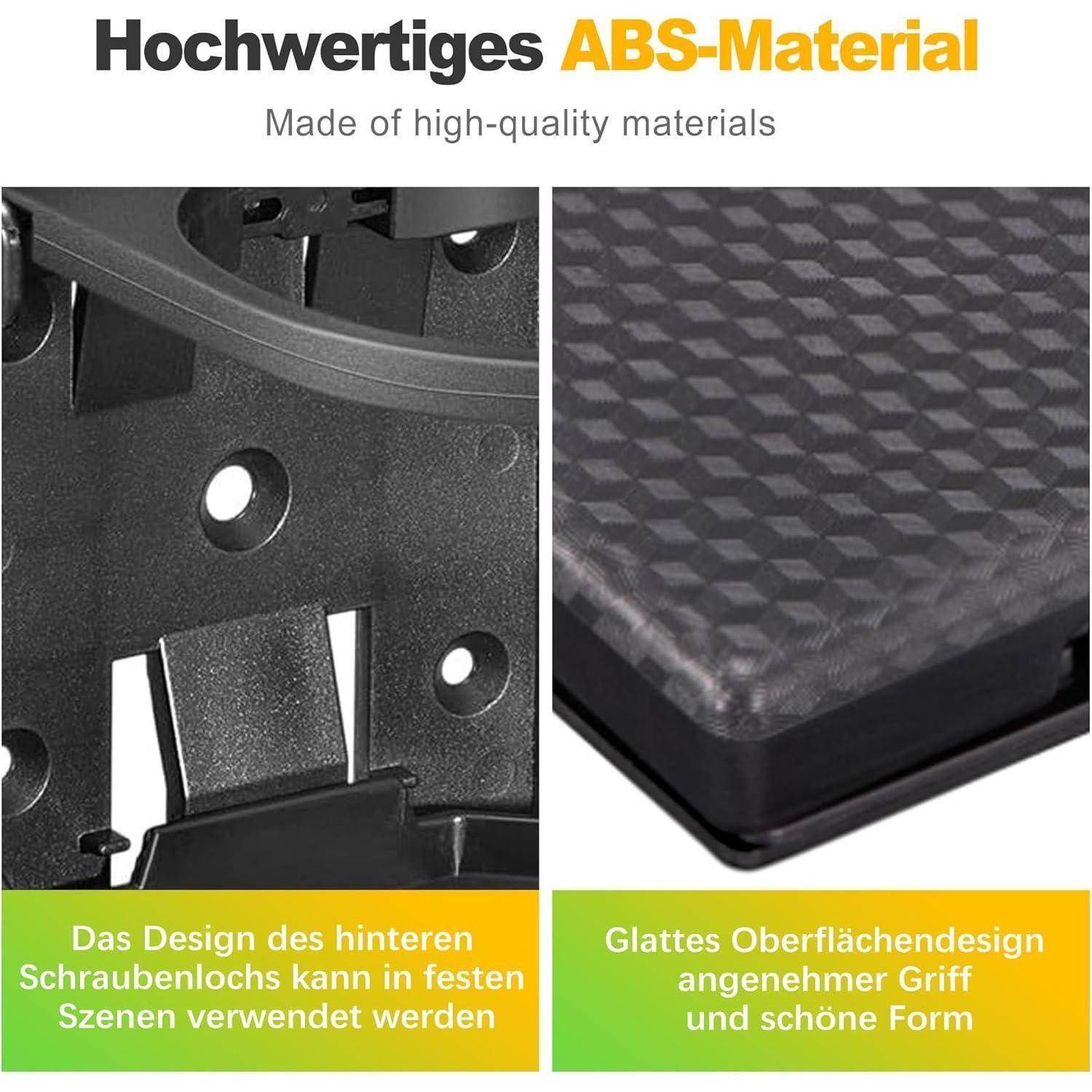 Werbegrafik für hochwertiges ABS-Material, das ein strukturiertes schwarzes Kunststoffprodukt mit einem hinteren Schraubenloch-Design und griffiger glatter Oberfläche zeigt.
