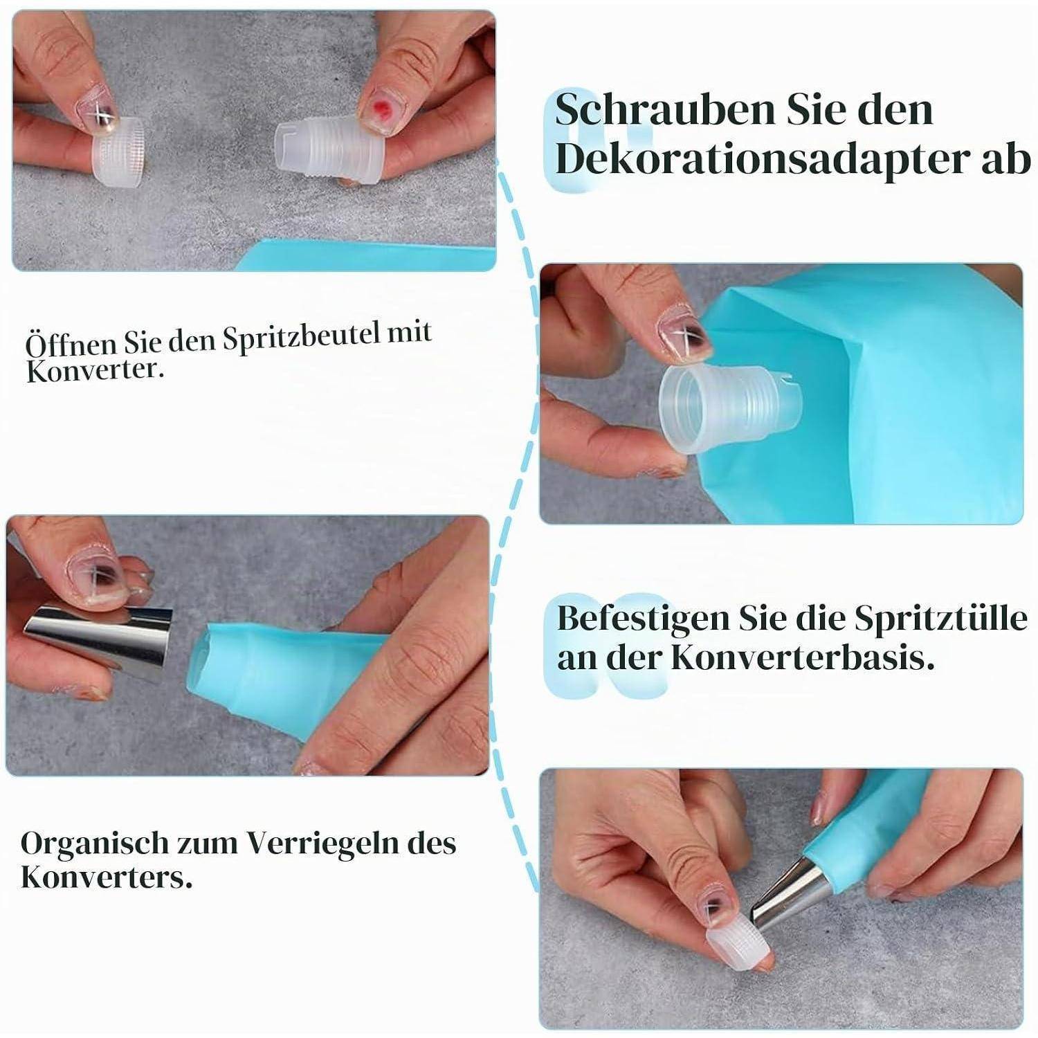 Anleitung-Collage zeigt Hände beim Zusammensetzen eines blauen Spritzbeutel-Adapters: Beutel öffnen, Dekorations-Adapter entfernen, Adapter-Basis und Spritztülle anbringen.