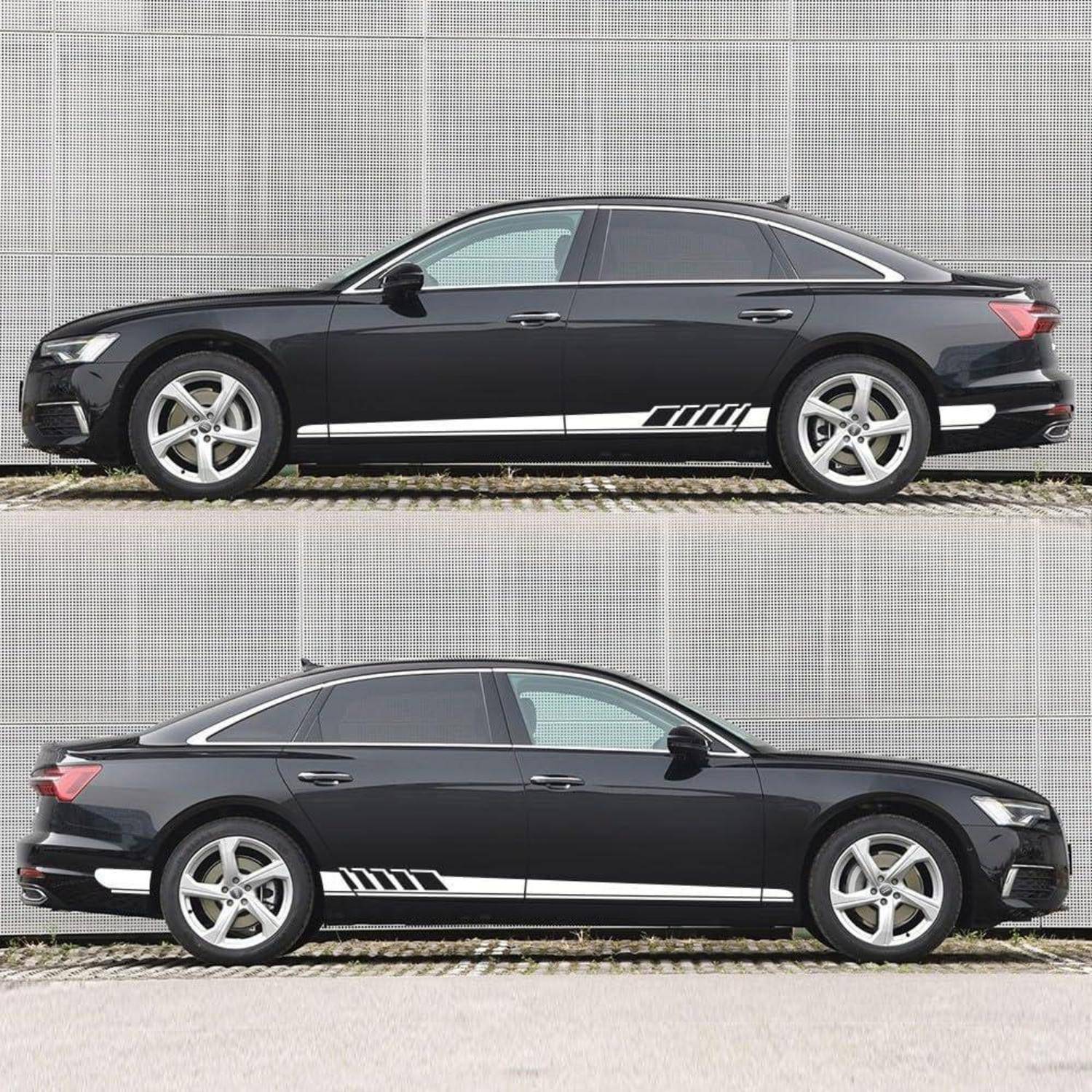 Zwei Seitenaufnahmen einer schwarzen Limousine mit weißen Rennstreifen und silbernen Felgen, geparkt gegen eine helle Wand.