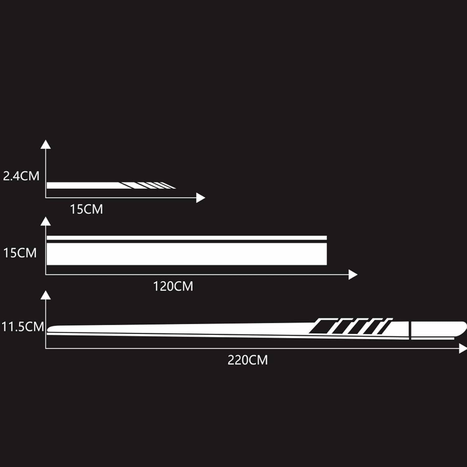 Größendiagramm zum Vergleich von drei langen, schmalen Teilen: 15 cm × 2,4 cm, 120 cm × 15 cm und 220 cm × 11,5 cm.