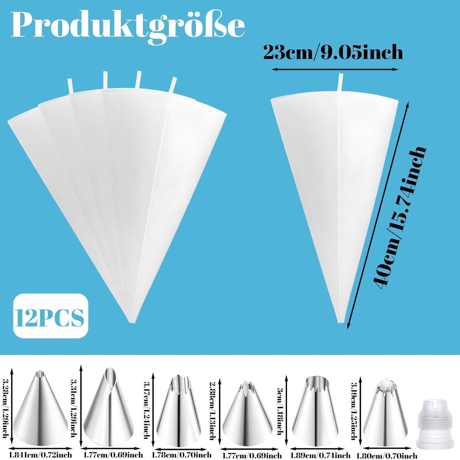 Produktgrößendiagramm für Kaffeefilter aus Papier in Weiß, mit zwei Filterformen mit den Abmessungen 23 cm breit x 40 cm hoch und einem 12er-Set; kleinere Größenvarianten sind unten dargestellt.