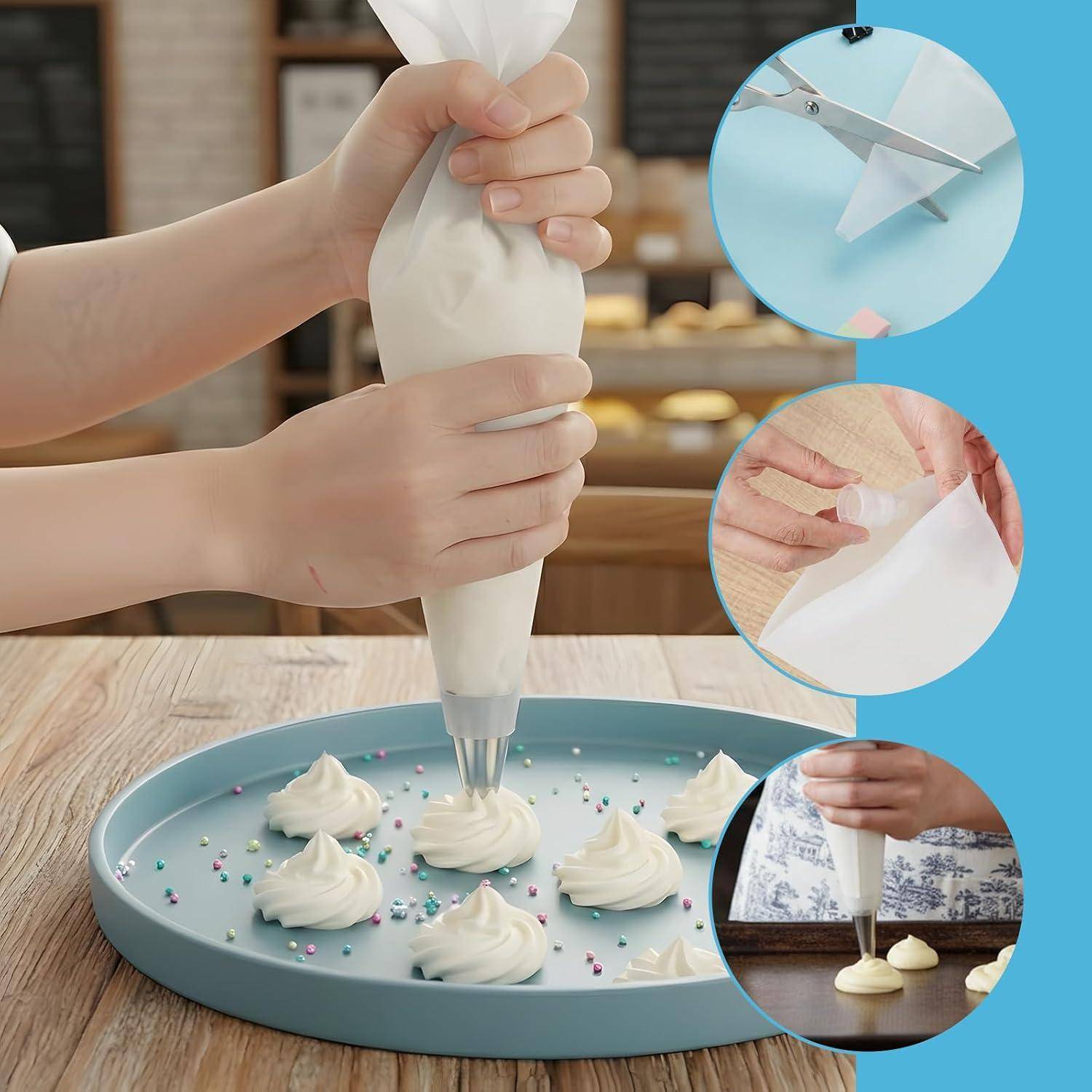 Hände, die weiße Glasur mit einem Spritzbeutel auf ein Tablett mit Cupcake-Wirbeln spritzen, mit eingefügten Nahaufnahmen, die zeigen, wie man den Spritzbeutel schneidet und füllt.
